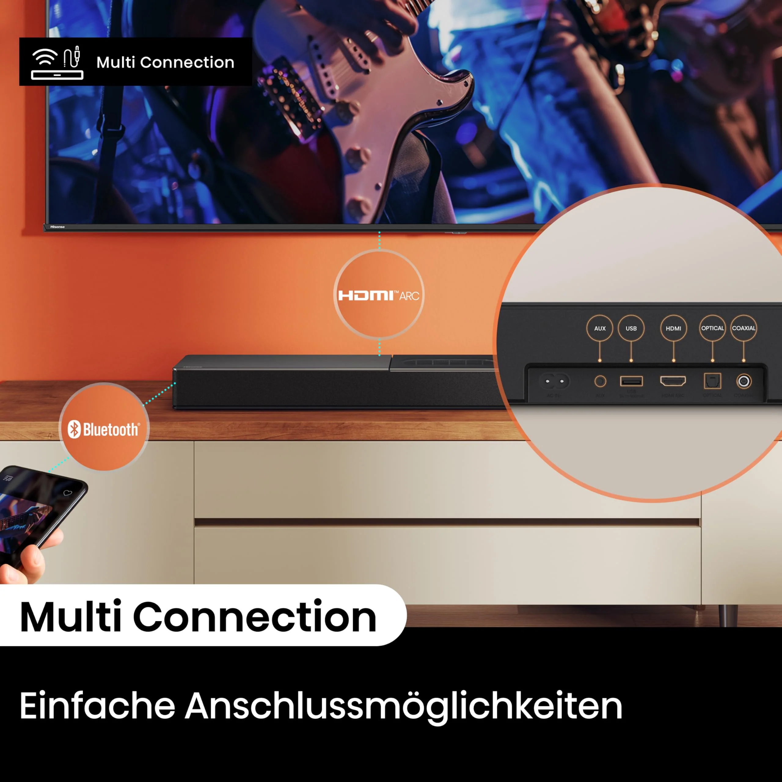 Hisense HS2000 2.1 Kanal Soundbar mit integriertem Subwoofer, 240W, Dolby Audio, Bluetooth, HDMI ARC/Optical/AUX/USB, Schwarz - Image 6