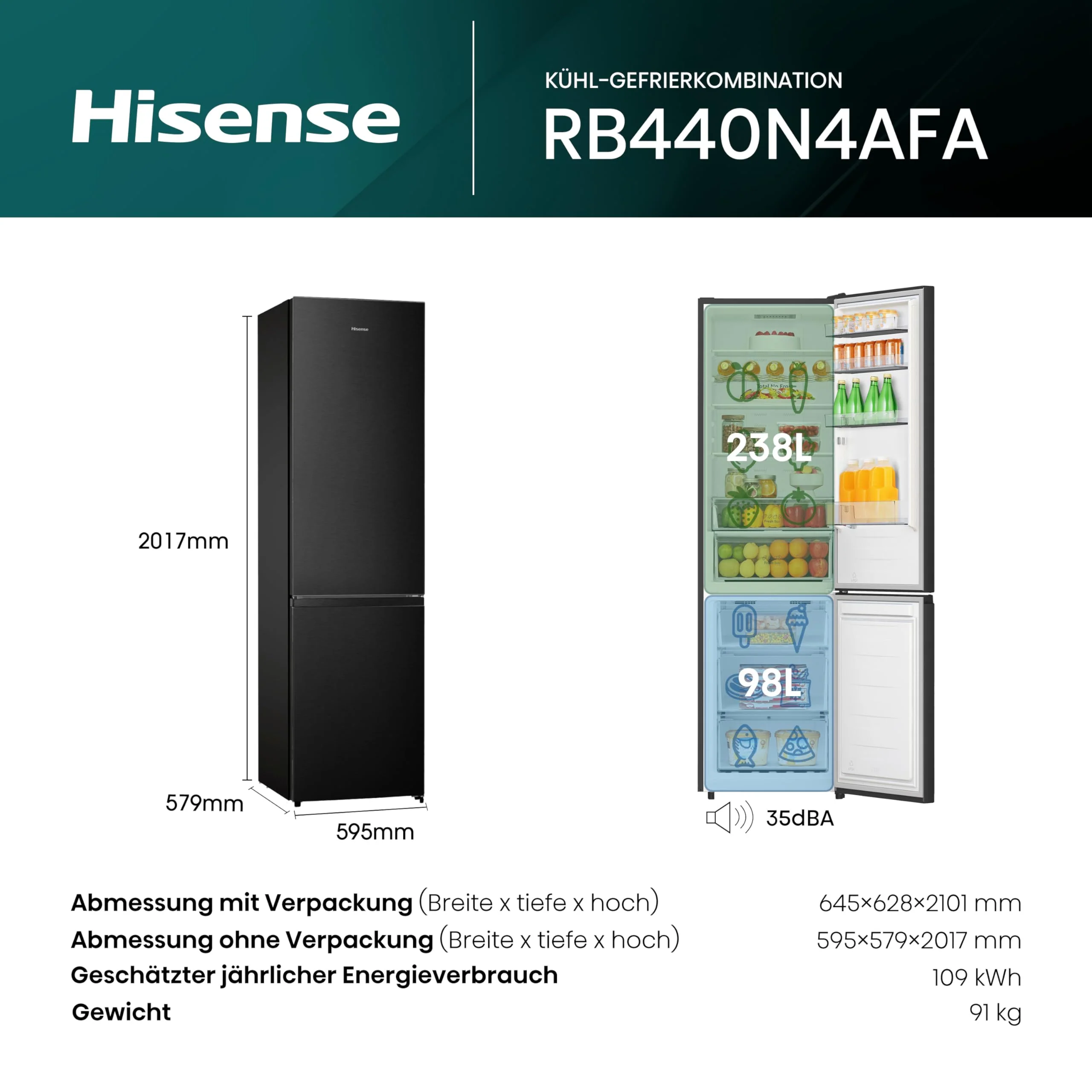 Hisense RB440N4AFA Kühl-Gefrier-Kombination/Höhe 201 cm/Kühlen 178 L/Gefrieren 98 L/LED Beleuchtung, Dark Inox - Image 6