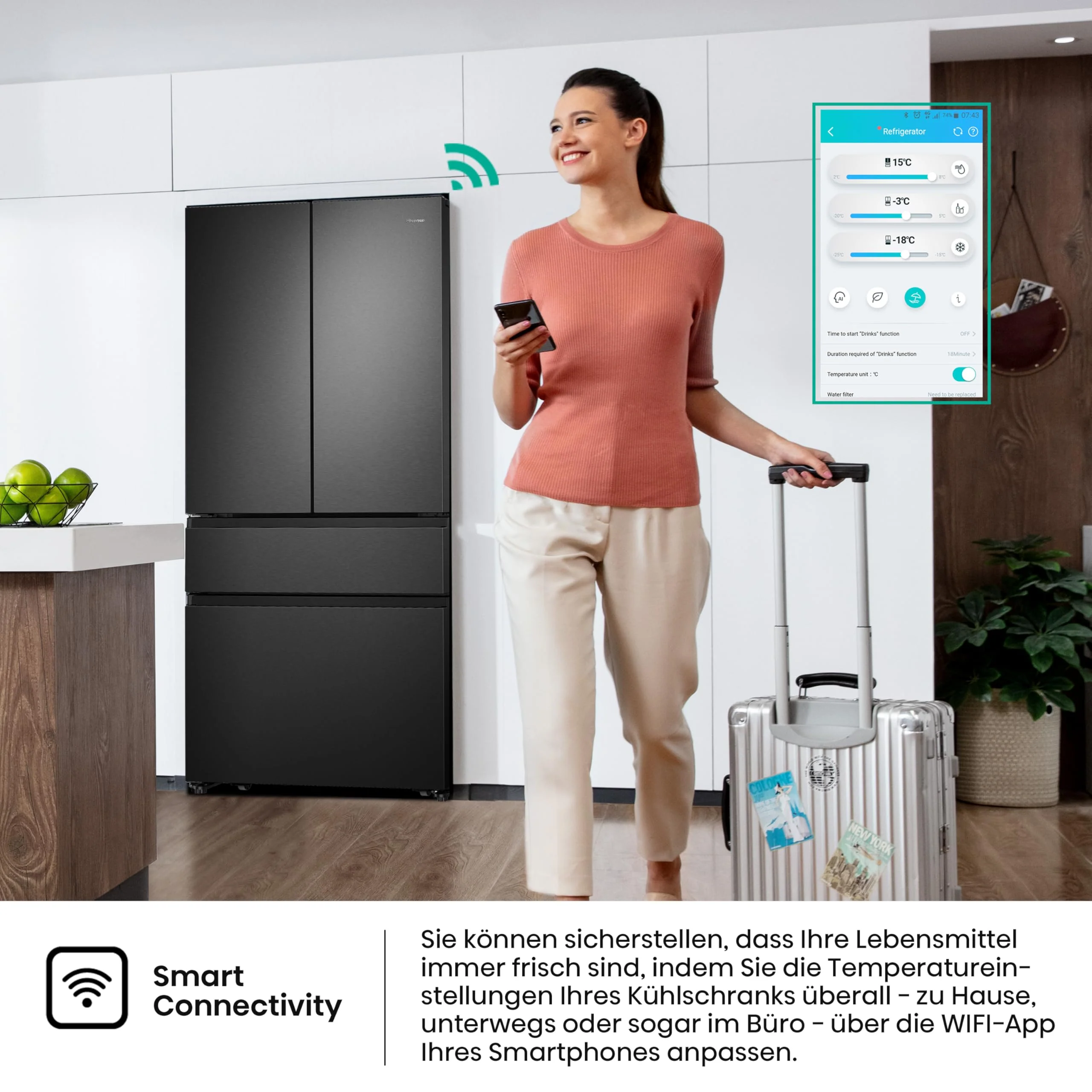 Hisense RF540N4SBF2 French Door Kühl-Gefrierkombination/ NoFrostPlus/ Inverter-Kompressor/ Multiflow 360°/ SuperCool/ 181,7 cm/ Kühlteil 302 l/ Gefrierteil 178 l/ 40 dB/ 310 kWh/ Jahr/ Schwarz - Image 2