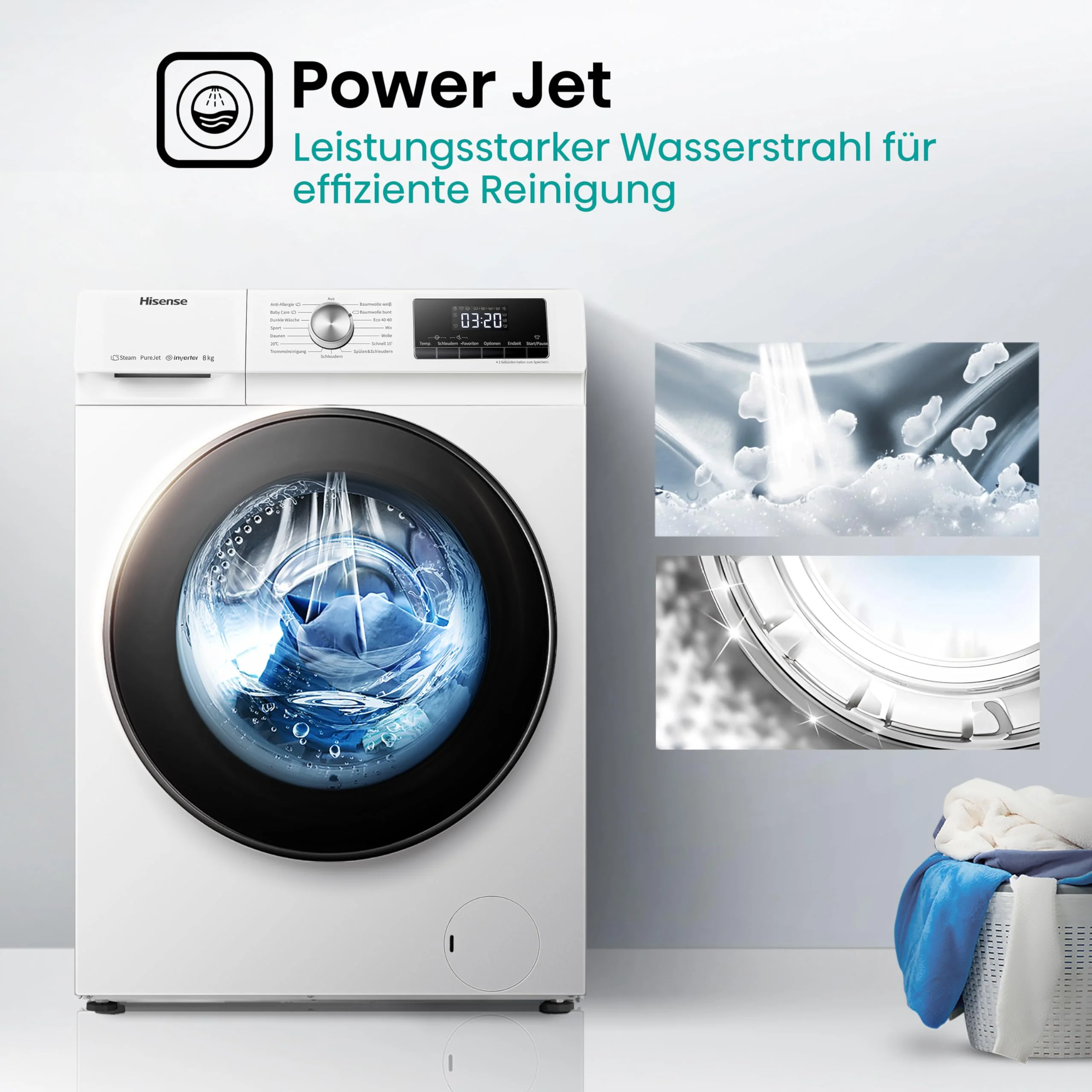 Hisense WFQA8014EVJM Waschmaschine mit Dampffunktion/ 8 kg/AquaStop/ 1400 U/min /15 Programme/Inverter PowerDrive Motor/Edelstahltrommel/Kindersicherung/Trommelreinigung/Weiß - Image 6