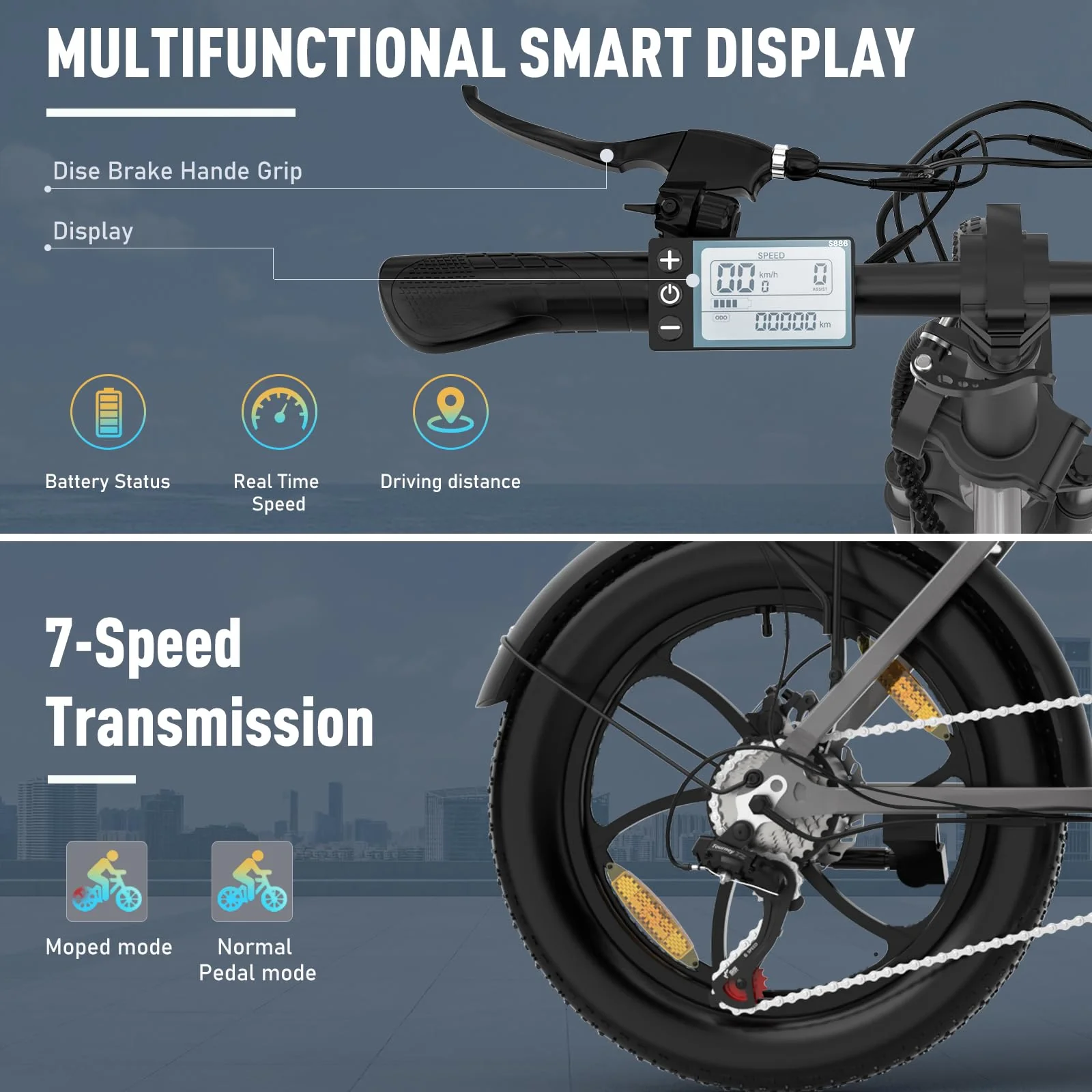 HITWAY E Bike Elektrofahrrad E-Bike Klapprad20 Fat Tire E-Fahrrad klapprad,12Ah Lithium-Akku,für Lange Reichweite bis 35-90km, Off-Road Mountainbike mit 7 Gängen,City E-Bike Herren Damen BK6S 2025 - Image 6
