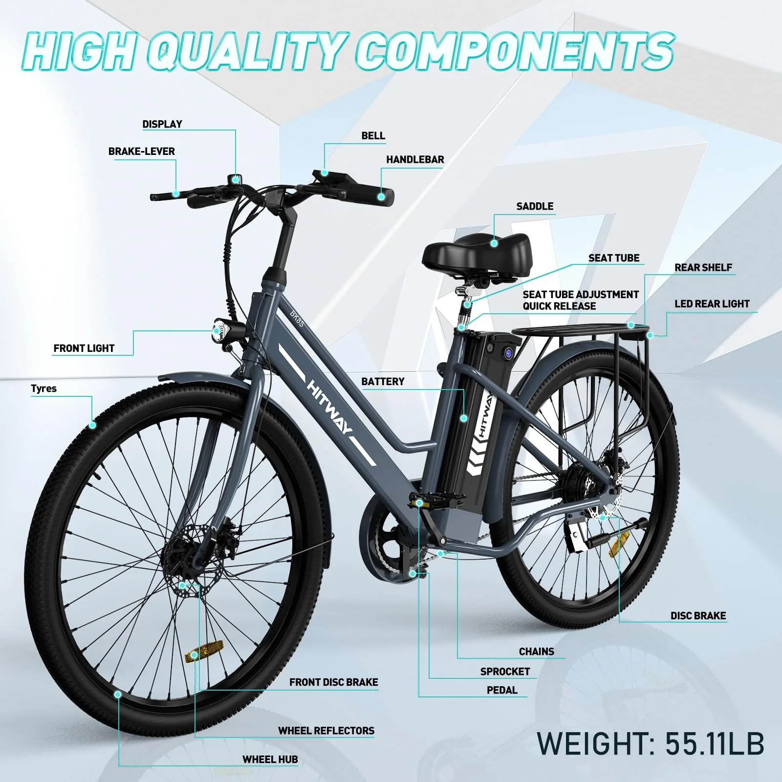 HITWAY E-Bike für Damen Herren, 26 Zoll, Elektrofahrrad E-Citybike, 8.4Ah 36V Abnehmbarer Akku,Sitzhöhe Verstellbar,City Bike mit Gepäckträger für Erwachsene City Pendler - Image 6