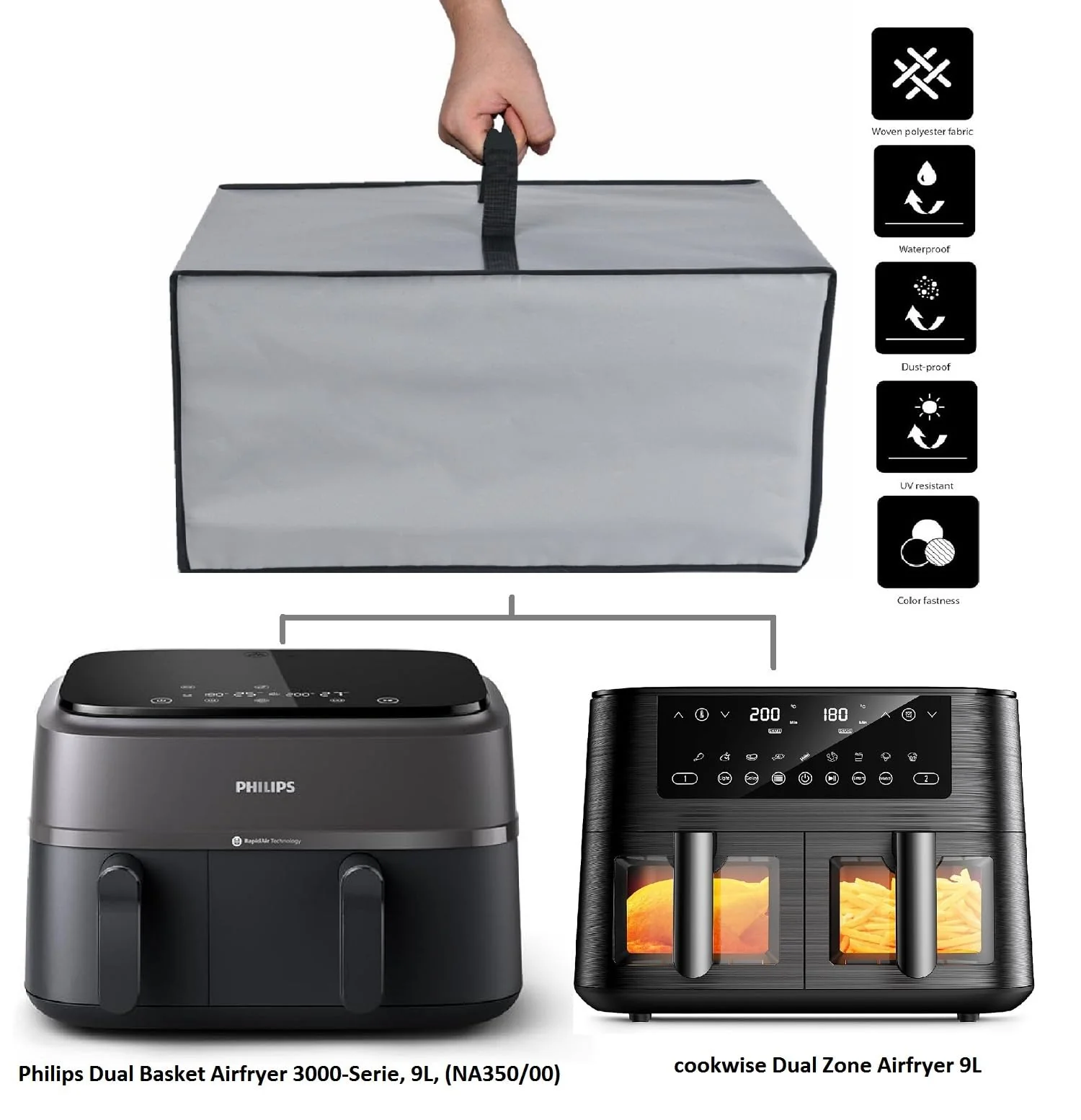 hitzebeständige, wasser und staubdichte Abdeckung für cookwise AF2-40D06/Philips Dual Basket Airfryer 3000-Serie(NA350/00), 9L,Heißluftfriteuse (Silbergrau) - Image 8