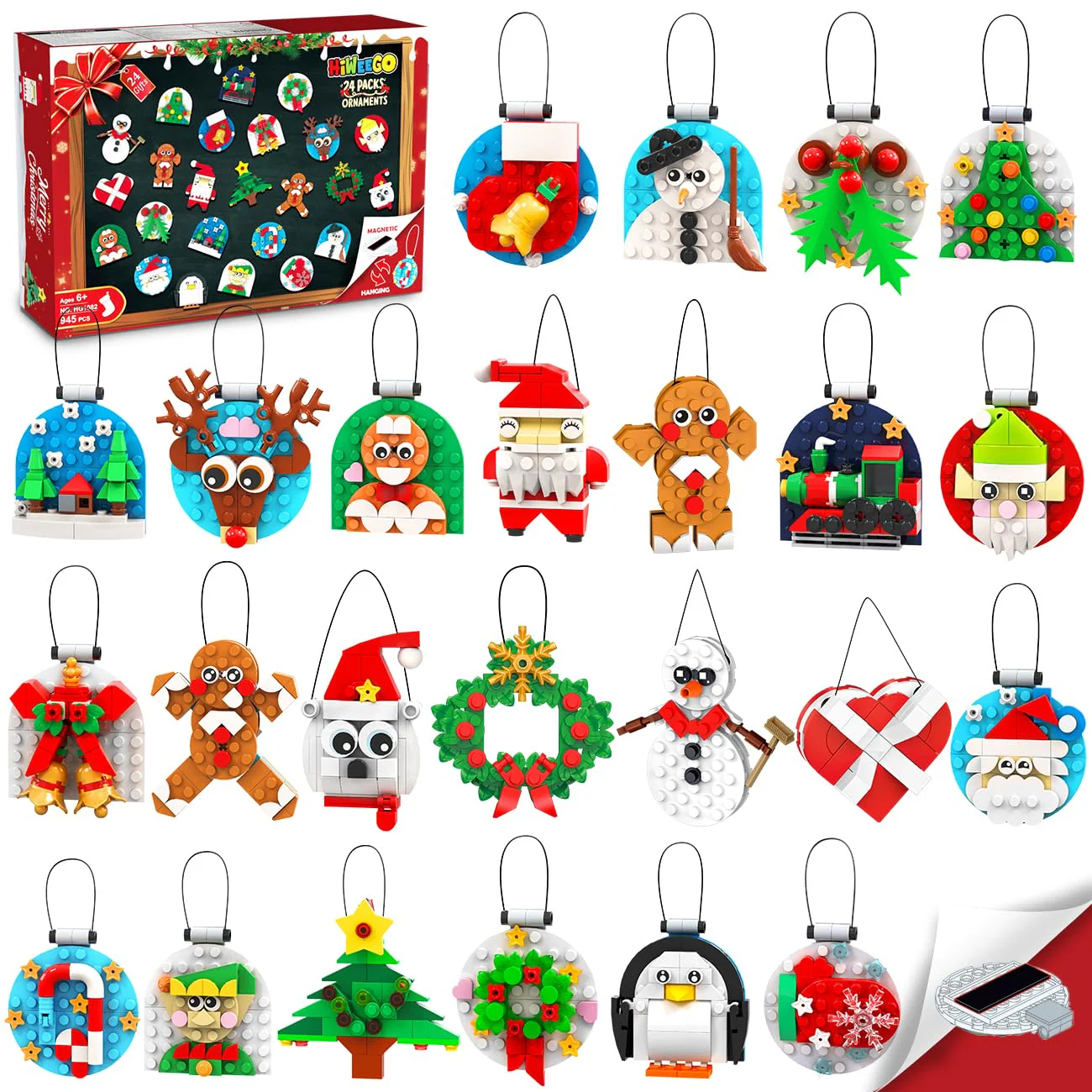 HiWEEGO 2025 Weihnachten Bauset, 2 in 1 Teile Hängende Magnetisch Weihnachtsbaum Ornamente Lebkuchenmännchen Kranz Weihnachtsmann Schneemann, Weihnachts Klemmbausteine für Erwachsene Kinder Jahren 6+