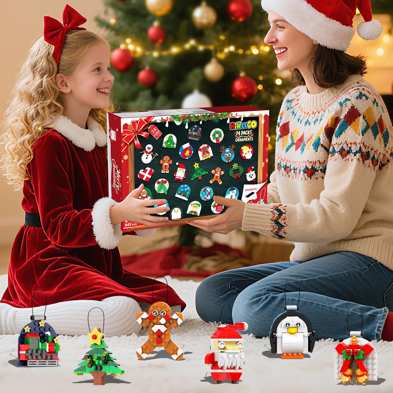 HiWEEGO 2025 Weihnachten Bauset, 2 in 1 Teile Hängende Magnetisch Weihnachtsbaum Ornamente Lebkuchenmännchen Kranz Weihnachtsmann Schneemann, Weihnachts Klemmbausteine für Erwachsene Kinder Jahren 6+ - Image 3