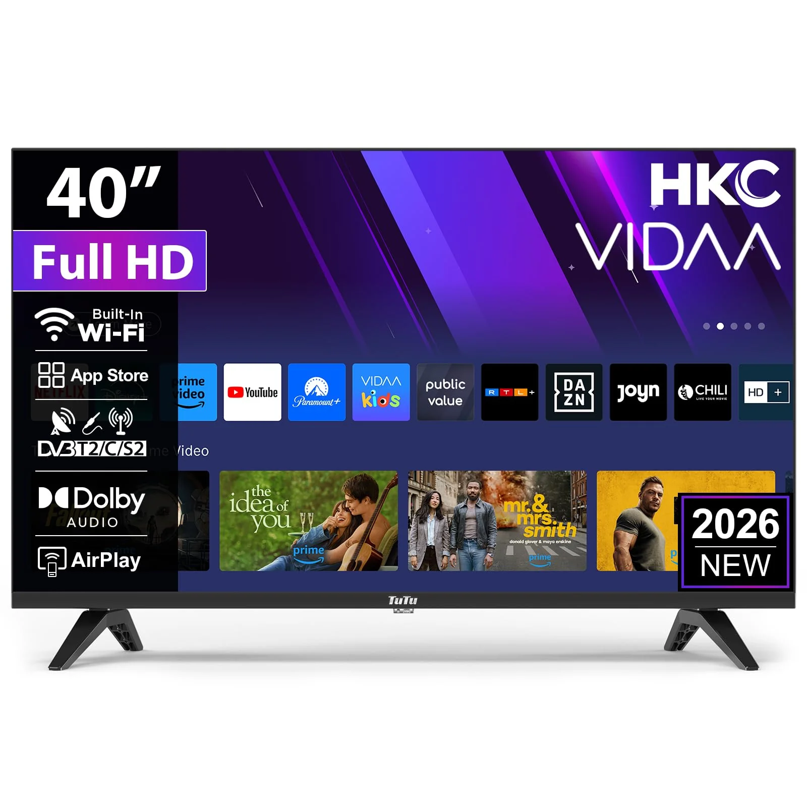 HKC H40Q1F-V Smart TV 40 Zoll (100cm) FHD LED Fernseher mit WLAN, Triple Tuner (DVB-T/T2, DVB-C, DVB-S/S2), AirPlay, App Store, HDMI, USB, CI/CI+, Netflix, YouTube und mehr