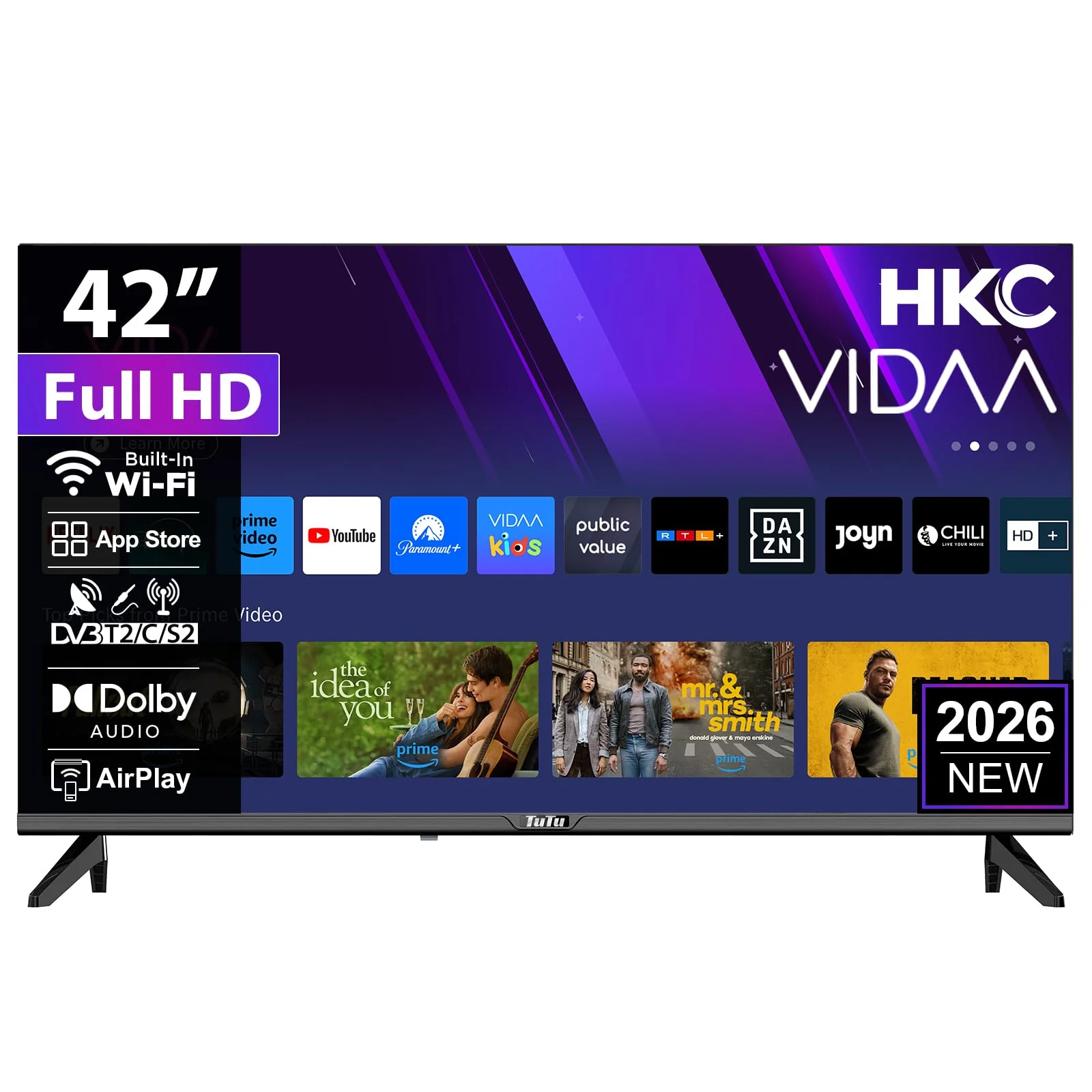 HKC H42Q1LF-V Smart TV 42 Zoll (107cm) FHD LED Fernseher mit WLAN, Triple Tuner (DVB-T/T2, DVB-C, DVB-S/S2), AirPlay, App Store, HDMI, USB, CI/CI+, Netflix, YouTube und mehr