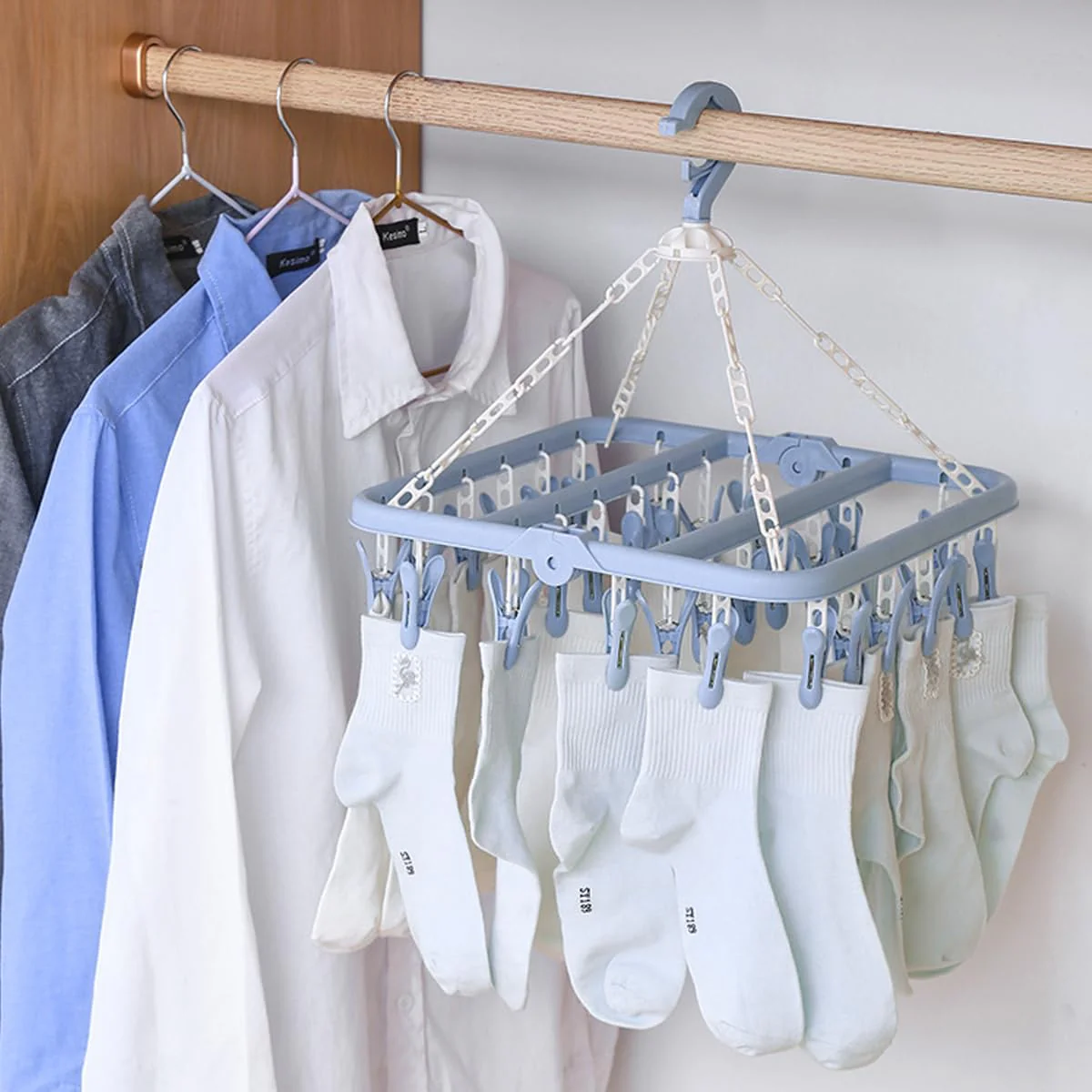 HKzzy Faltbarer Wäscheständer 32 Clips Sockentrockner Kleiderbügel Zusammenklappbarer Trockengestell Sockenbügel Aufhänger Unterwäsche Handtücher (Blau) - Image 10