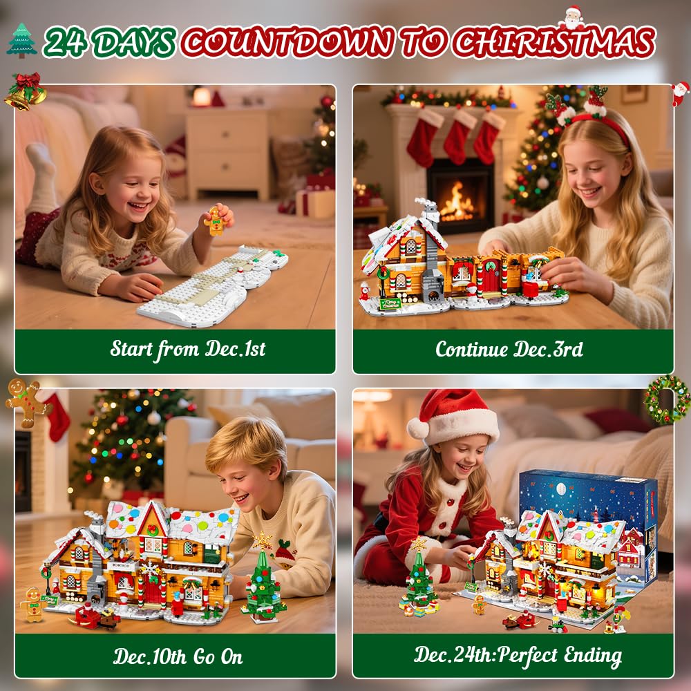 HOGOKIDS Adventskalender 2025 Lebkuchenhaus Mini Bauspielzeug mit Lichtern, 24-Tage Weihnachten Countdown 3 Stil Weihnachtsdorf klemmbausteine Geschenk für Erwachsene Kinder Mädchen Jungen ab 10+ - Image 7