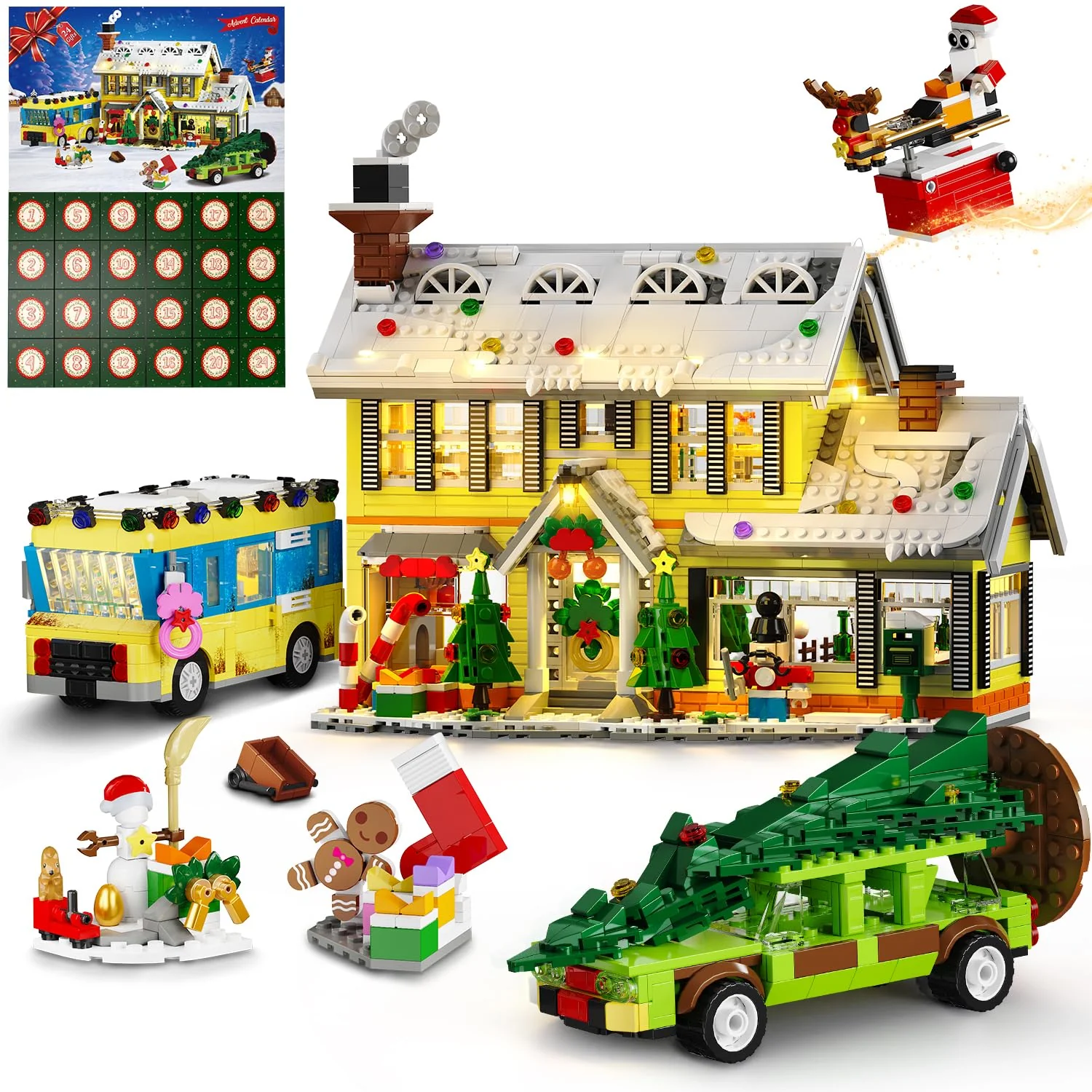 HOGOKIDS Adventskalender 2025 Weihnachts Bauspielzeug mit Licht, 24 Tage-Weihnachts Countdown Haus, Mini-Baustein-Set, Weihnachtsspielzeug Geschenk für Erwachsene Kinder Mädchen Jungen ab 12 Jahren