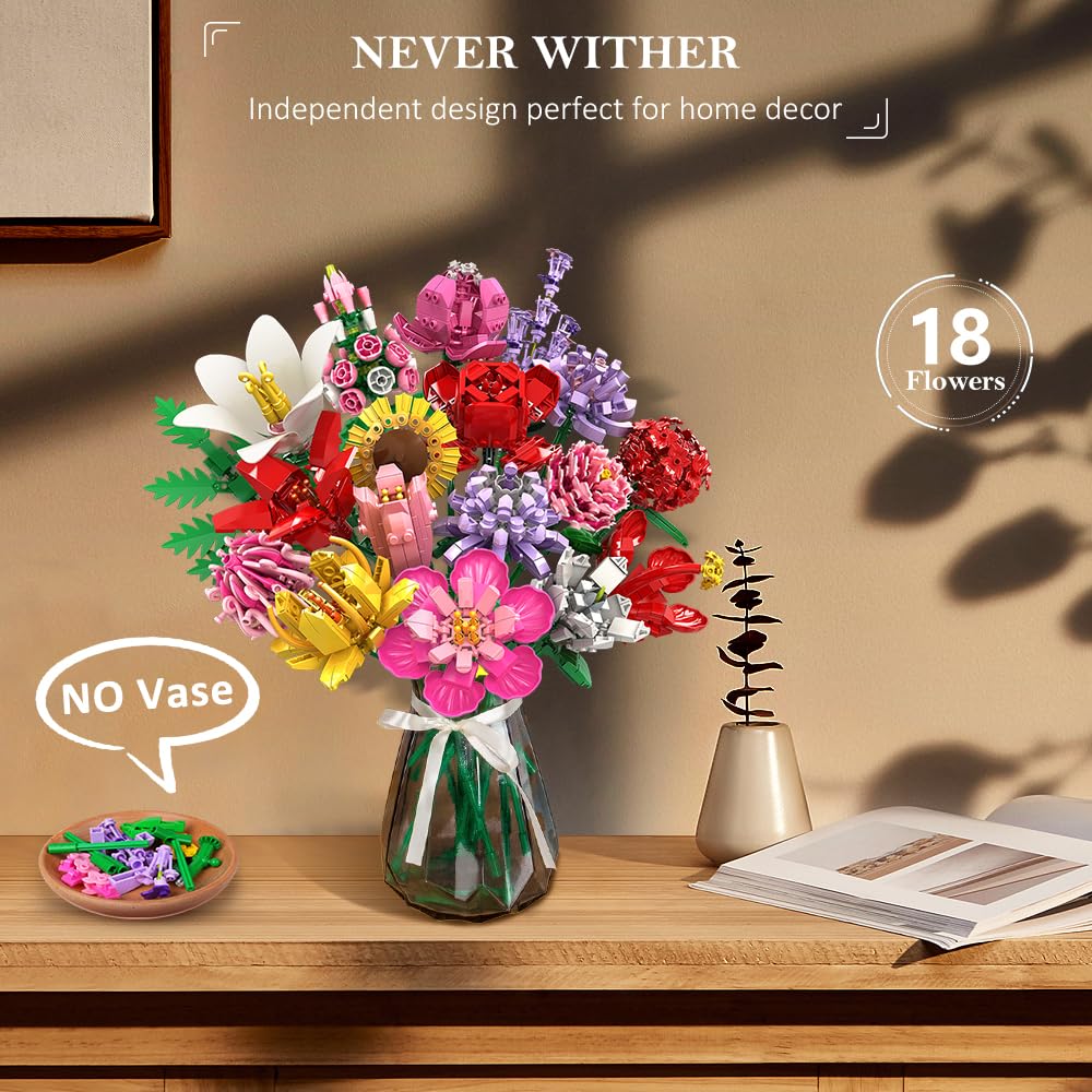 HOGOKIDS Blumen Bauset für Mädchen ab 8+ Jahren - 18 Blume Blumenstrauß Bausteine, 1464 Teilige Kunstblumen Pflanzen Bausatz, Botanik Kollektion Haushalt Deko, Kreatives Geschenk für Kinder Erwachsene - Image 7