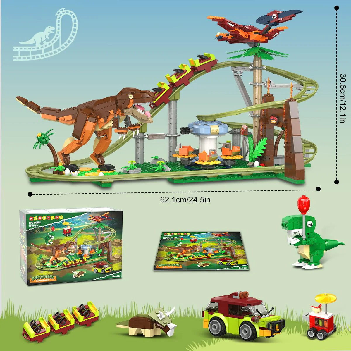 HOGOKIDS Dinosaurier Achterbahn Bausteine Spielzeug – 1222pcs Achterbahn Bauspielzeug mit 4 Dinosauriern, Geländewagen, Dinosauriermodellen, Geschenk für Erwachsene, Mädchen Jungen ab 8 Jahren - Image 2