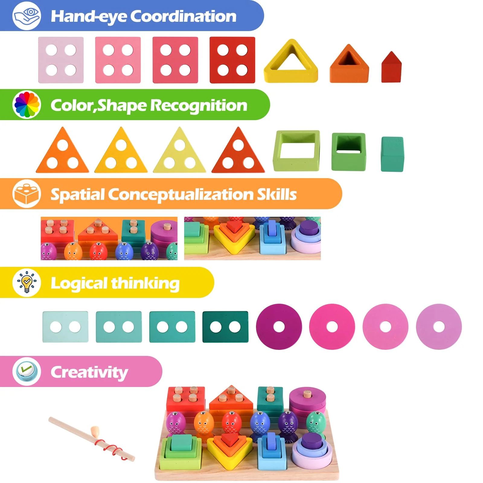 Hoiloie Montessori Spielzeug ab 1 Jahr,holzspielzeug&Stapelspielzeug,3 in 1 Farbe Erkennung Form Sorter Angelspiel,Lernspielzeug Geschenk für 123 Jahre Kleinkind Mädchen Junge - Image 4