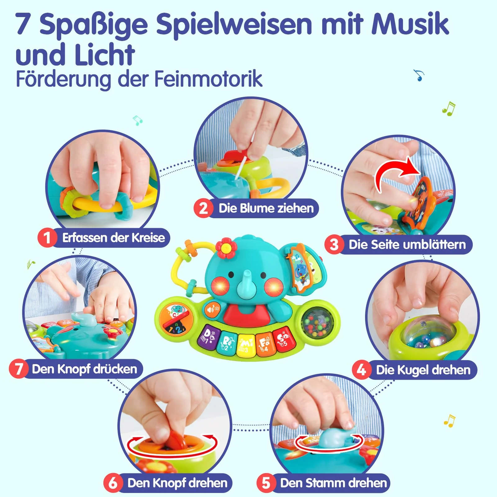 HOLA Baby Spielzeug 6 Monate Musikspielzeug, Elefant Spielzeug Klavier Motorikspielzeug mit Licht & Klang Kinder Keyboard ab 1 Jahr Mädchen Jungen Englische Version - Image 6
