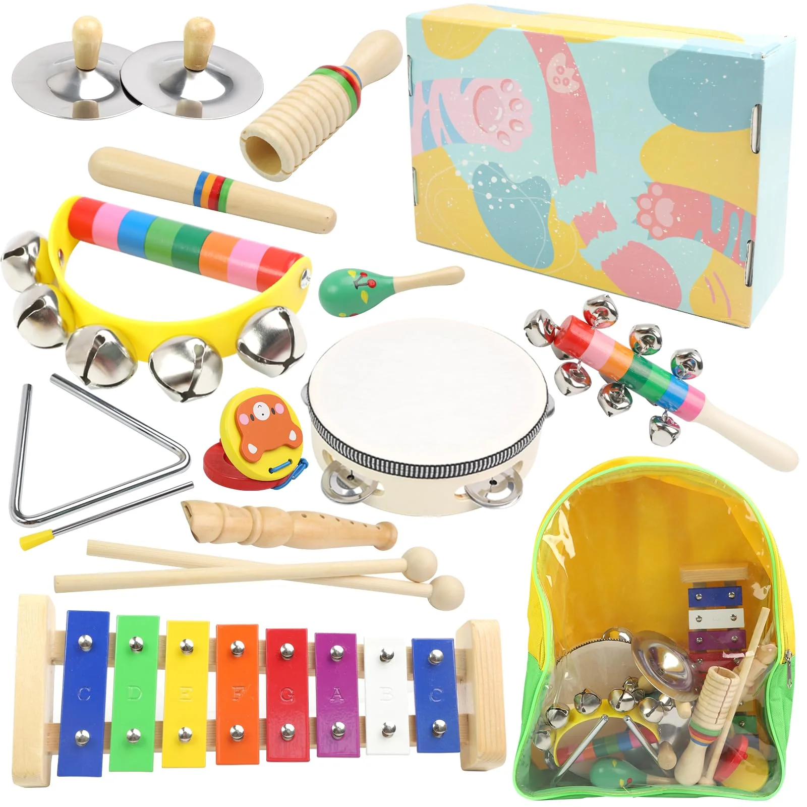 Holz Musikinstrumente für Kinder ab 1Jahre, Montessori Spielzeug, Regenbogenfarbenes Baby Musikinstrumente mit Transparenter Aufbewahrungstasche