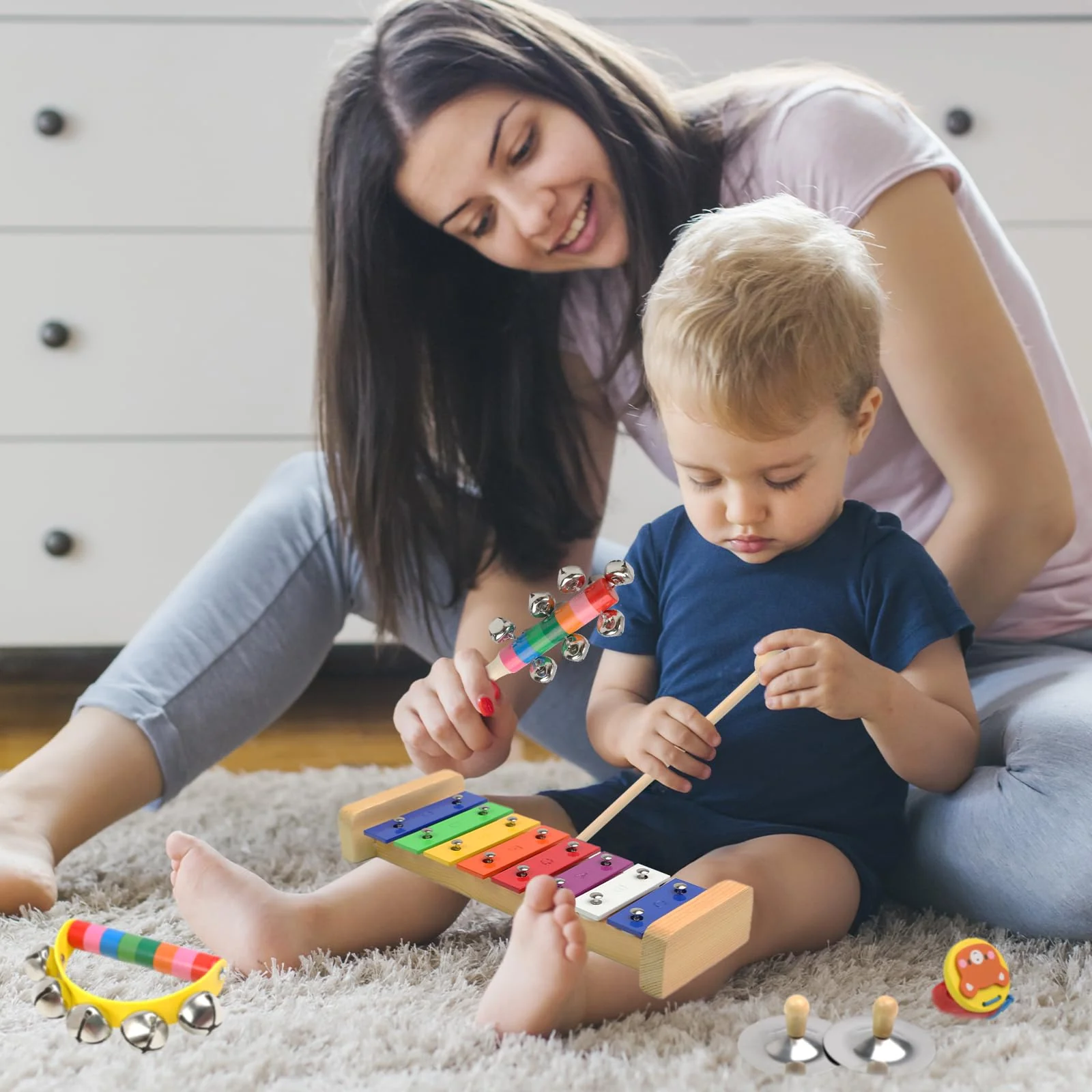 Holz Musikinstrumente für Kinder ab 1Jahre, Montessori Spielzeug, Regenbogenfarbenes Baby Musikinstrumente mit Transparenter Aufbewahrungstasche - Image 3