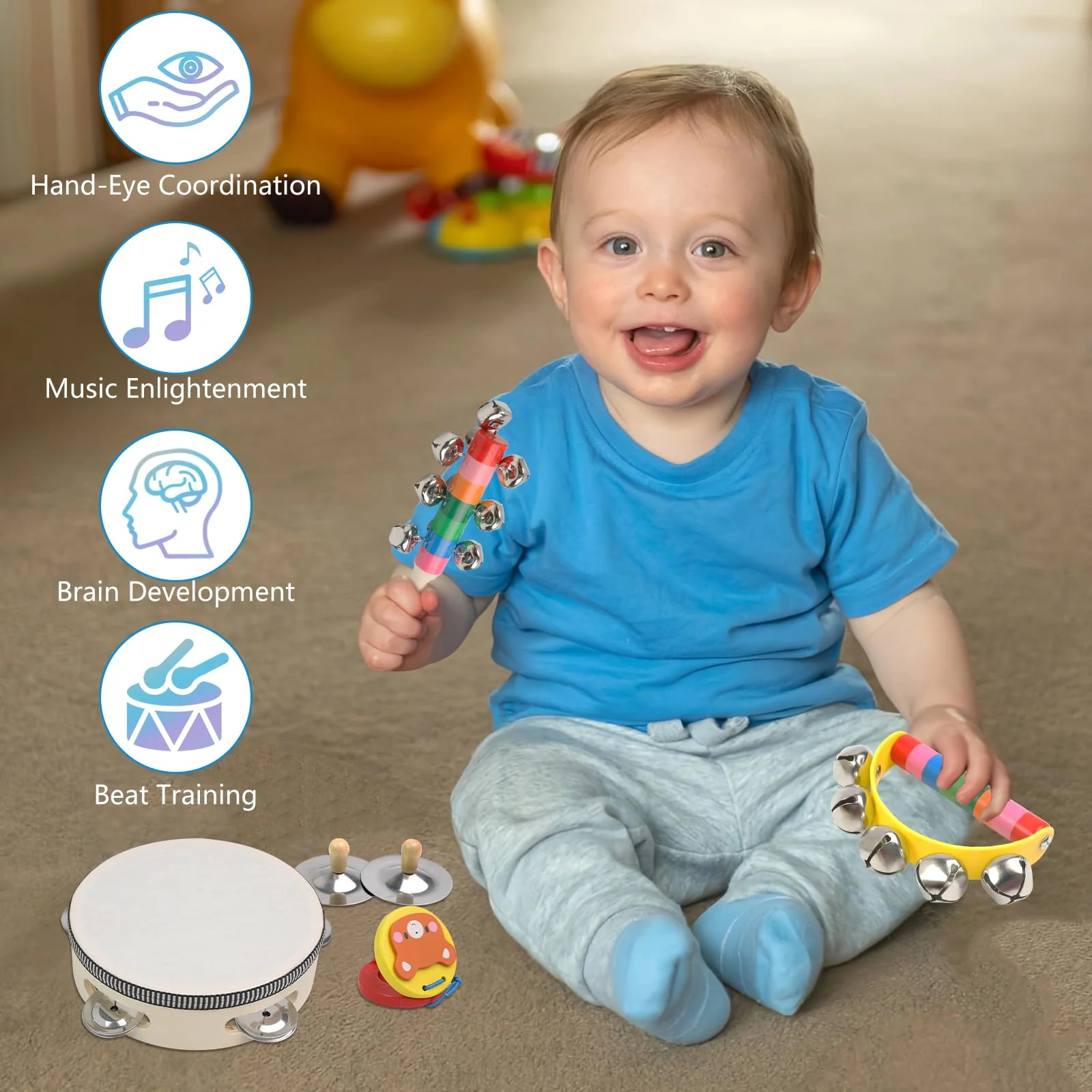 Holz Musikinstrumente für Kinder ab 1Jahre, Montessori Spielzeug, Regenbogenfarbenes Baby Musikinstrumente mit Transparenter Aufbewahrungstasche - Image 4