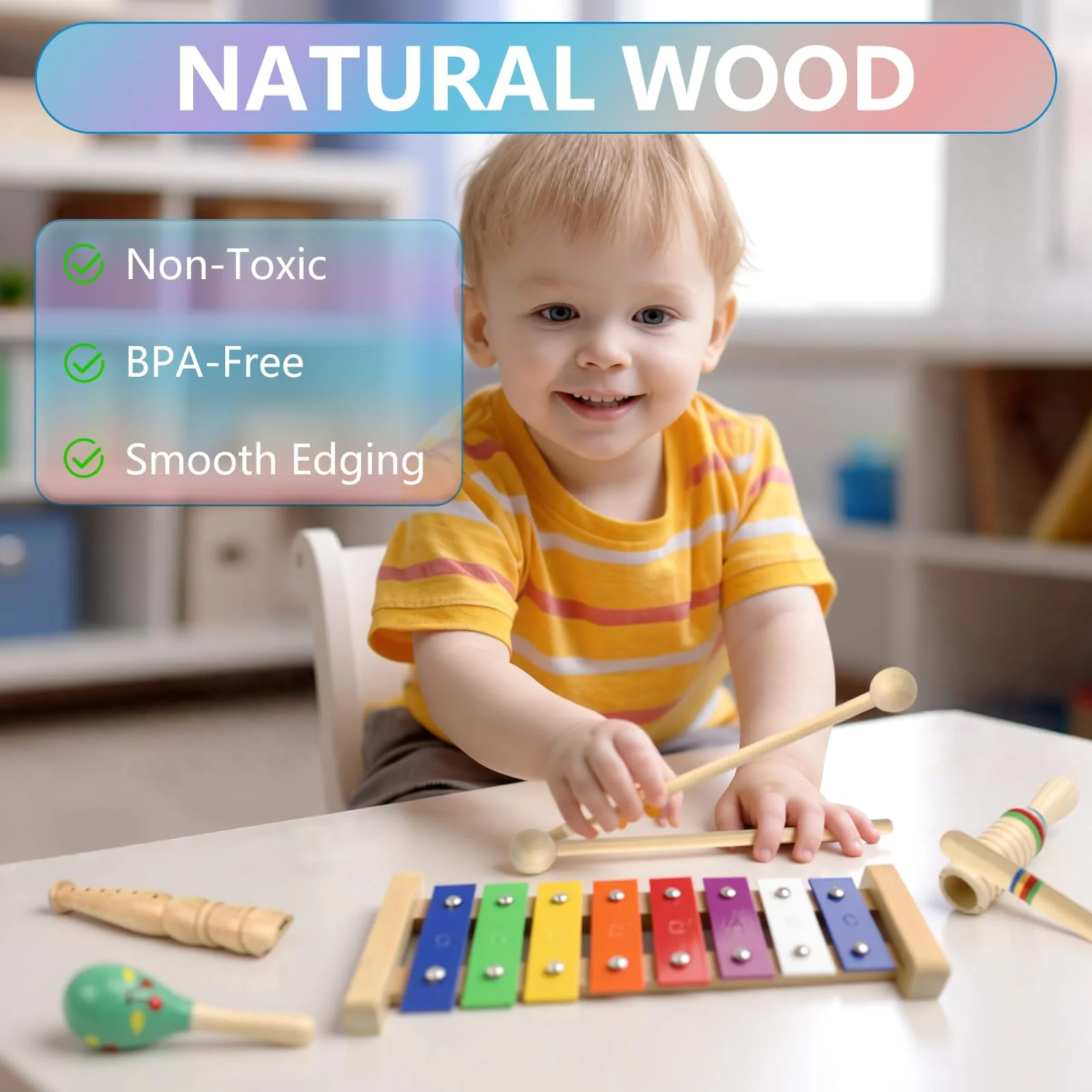 Holz Musikinstrumente für Kinder ab 1Jahre, Montessori Spielzeug, Regenbogenfarbenes Baby Musikinstrumente mit Transparenter Aufbewahrungstasche - Image 6