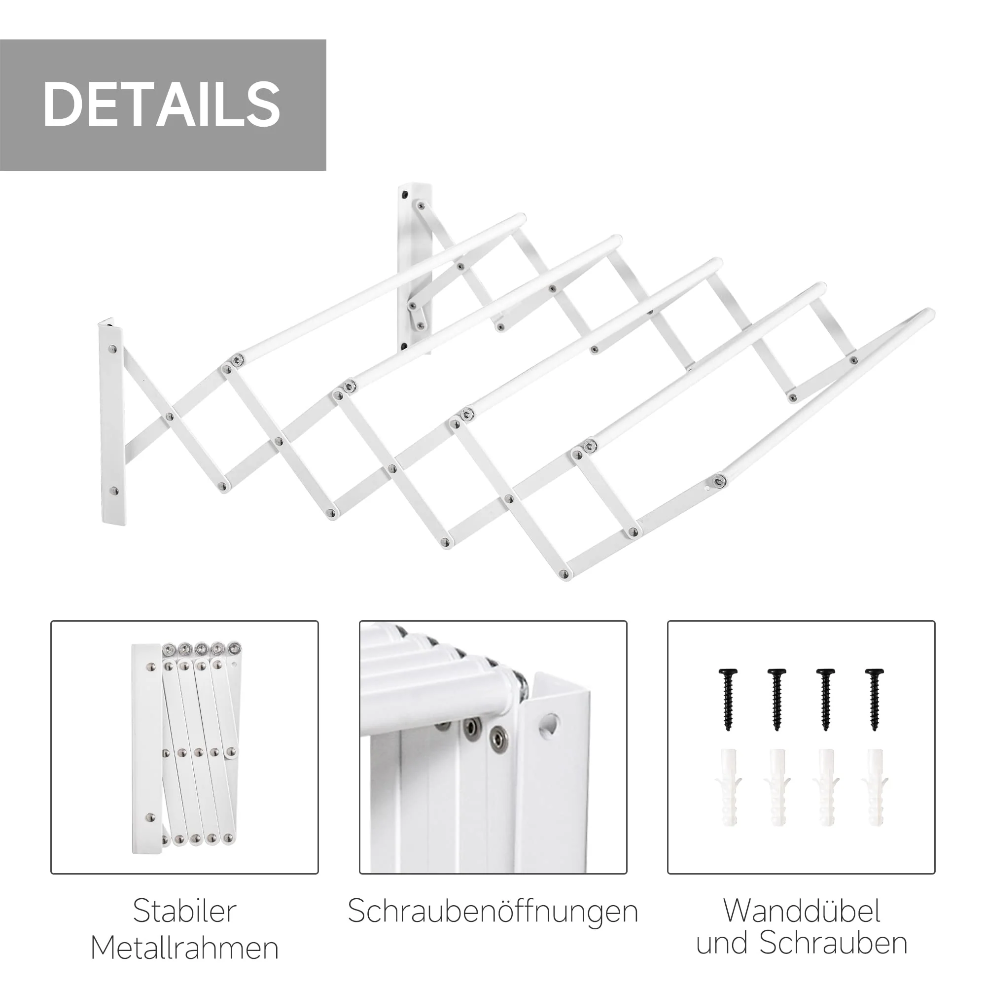 HOMCOM Wandtrockner Wäscheständer für Wandmontage Wandwäschetrockner ausziehbar klappbar platzsparender Wäschereck für kleine Haushalte für drinnen und draußen Metall Weiß 63,5 x 60 x 20 cm - Image 2