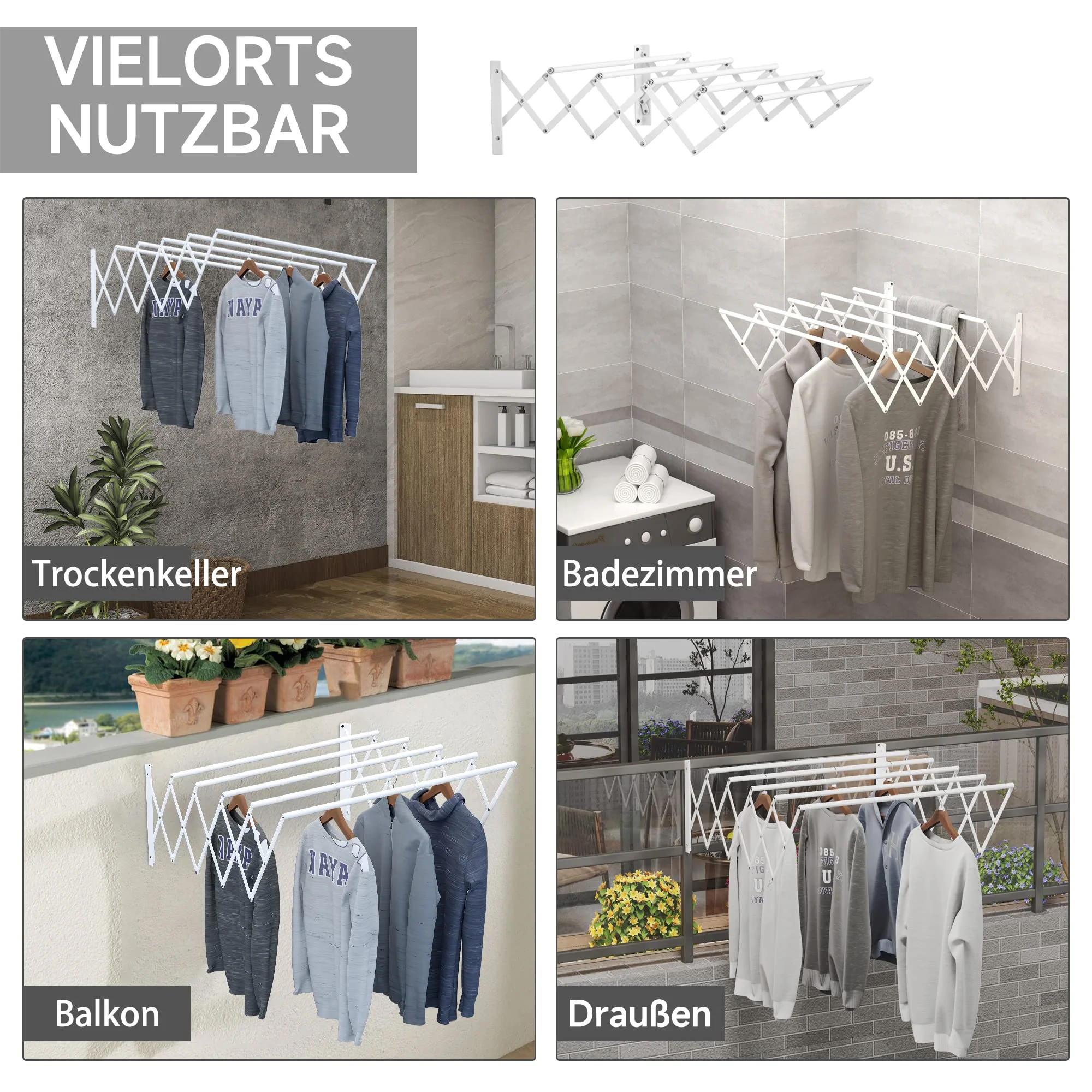 HOMCOM Wandtrockner Wäscheständer für Wandmontage Wandwäschetrockner ausziehbar klappbar platzsparender Wäschereck für kleine Haushalte für drinnen und draußen Metall Weiß 63,5 x 60 x 20 cm - Image 3