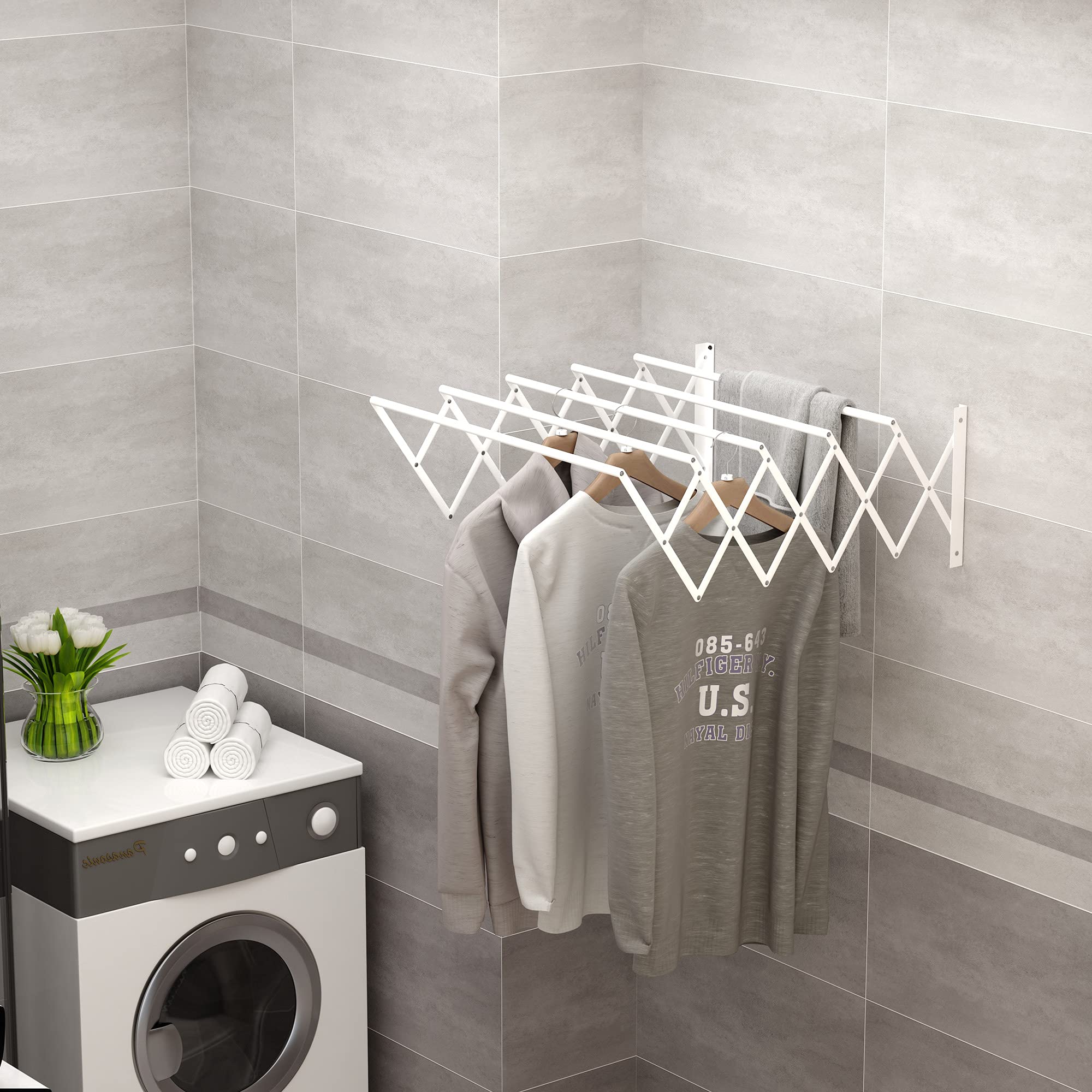 HOMCOM Wandtrockner Wäscheständer für Wandmontage Wandwäschetrockner ausziehbar klappbar platzsparender Wäschereck für kleine Haushalte für drinnen und draußen Metall Weiß 63,5 x 60 x 20 cm - Image 6