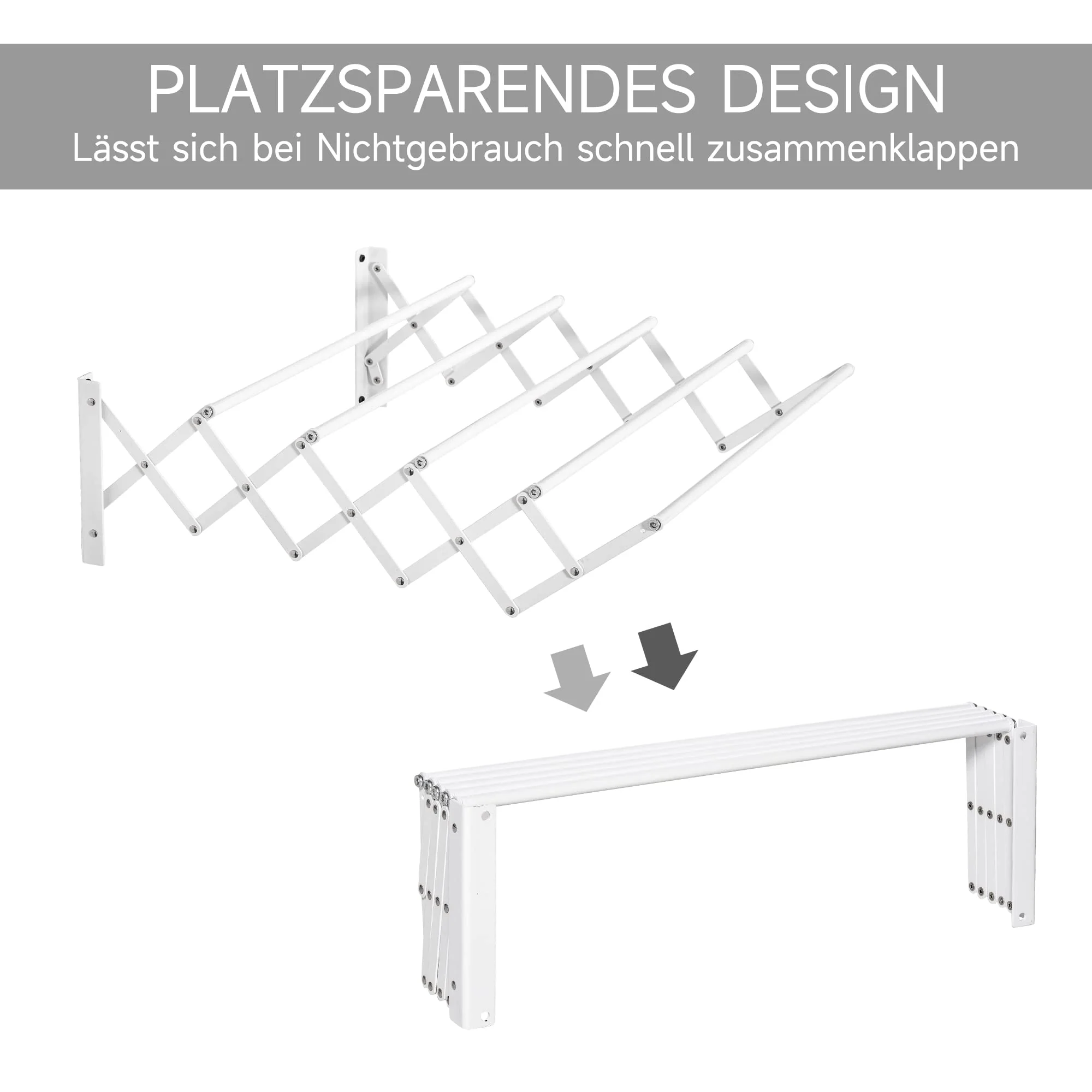 HOMCOM Wandtrockner Wäscheständer für Wandmontage Wandwäschetrockner ausziehbar klappbar platzsparender Wäschereck für kleine Haushalte für drinnen und draußen Metall Weiß 63,5 x 60 x 20 cm - Image 7
