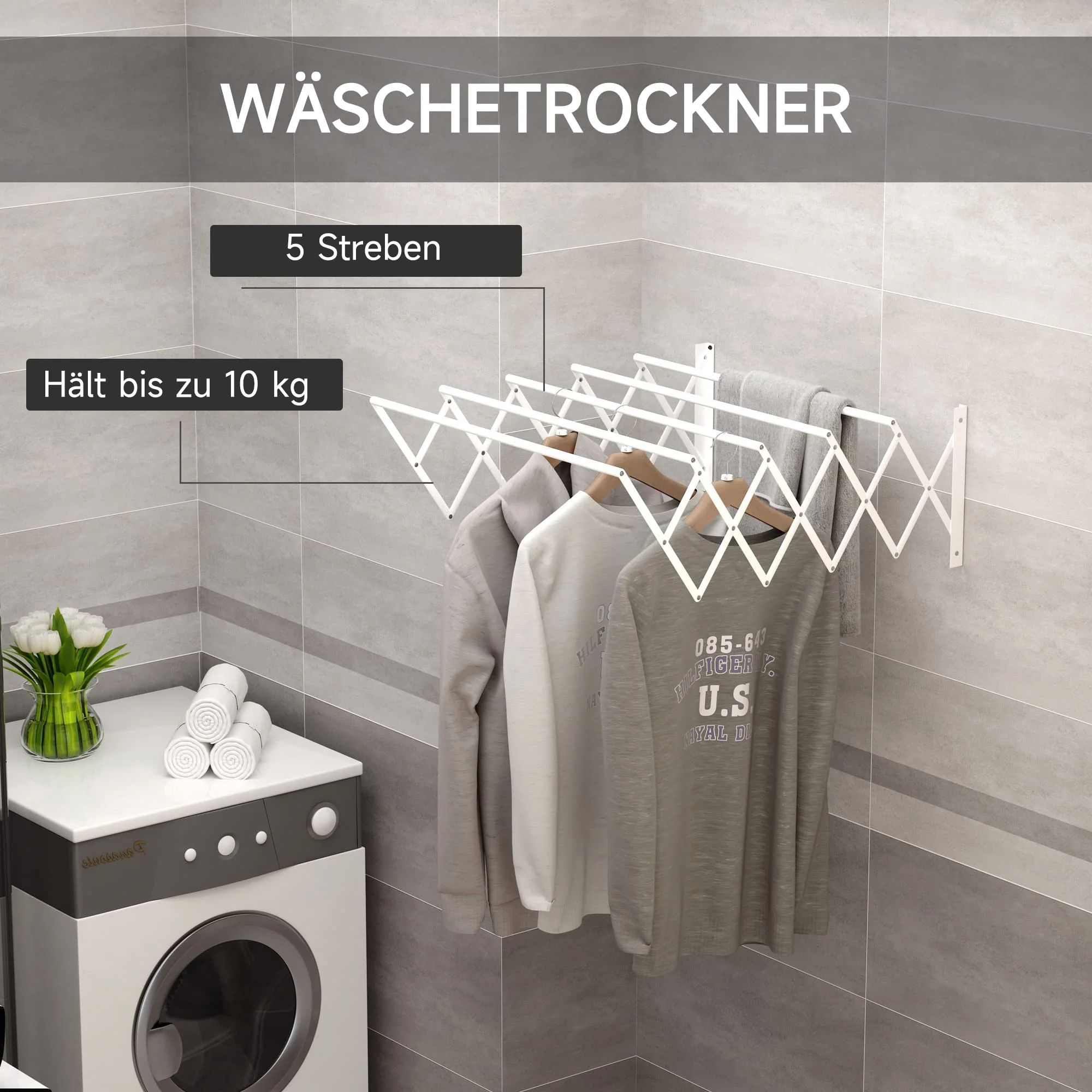 HOMCOM Wandtrockner Wäscheständer für Wandmontage Wandwäschetrockner ausziehbar klappbar platzsparender Wäschereck für kleine Haushalte für drinnen und draußen Metall Weiß 63,5 x 60 x 20 cm - Image 9