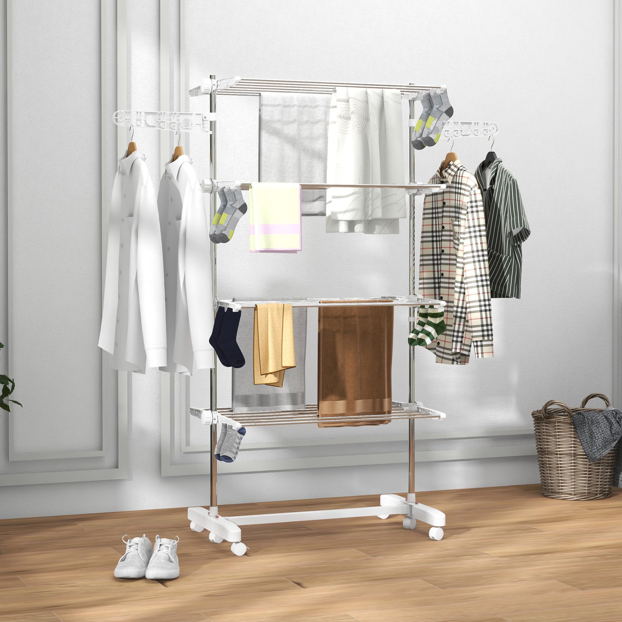HOMCOM Wäscheständer Turm mit Rollen, Klappbarer Wäschetrockner mit Flügeln, Höhenverstellbar für Indoor & Outdoor, Stahl 142 x 55 x 172 cm, Weiß
