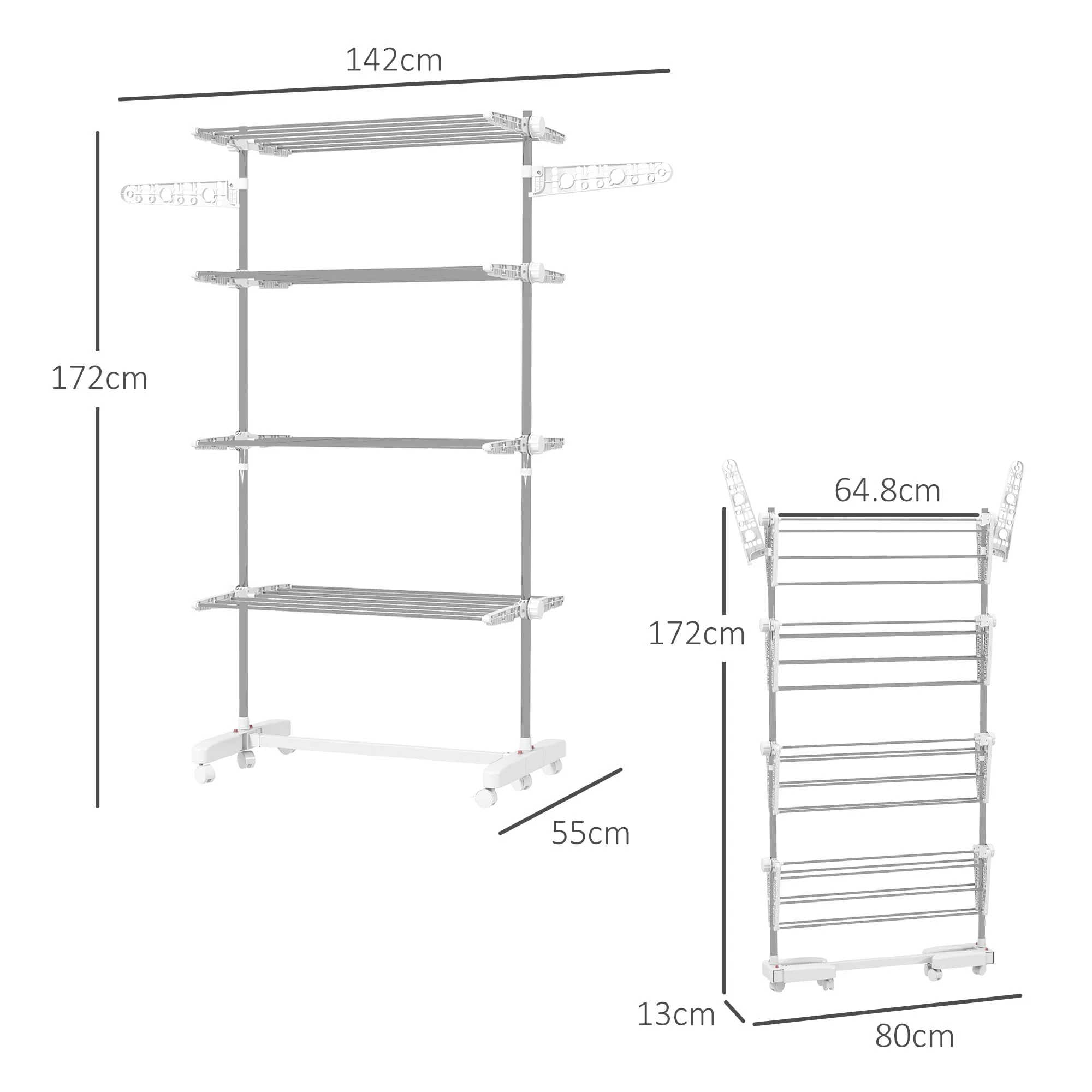 HOMCOM Wäscheständer Turm mit Rollen, Klappbarer Wäschetrockner mit Flügeln, Höhenverstellbar für Indoor & Outdoor, Stahl 142 x 55 x 172 cm, Weiß - Image 2