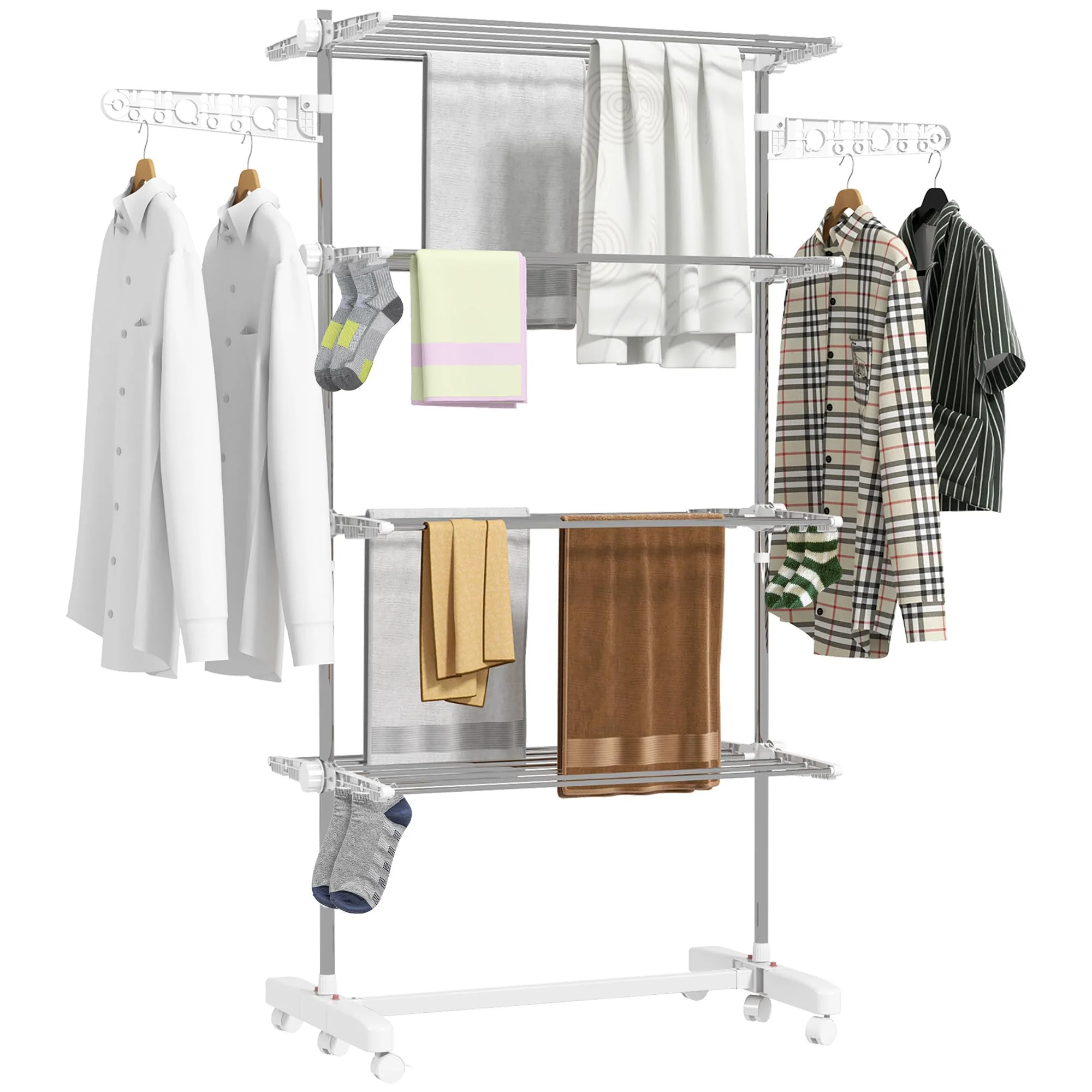 HOMCOM Wäscheständer Turm mit Rollen, Klappbarer Wäschetrockner mit Flügeln, Höhenverstellbar für Indoor & Outdoor, Stahl 142 x 55 x 172 cm, Weiß - Image 8