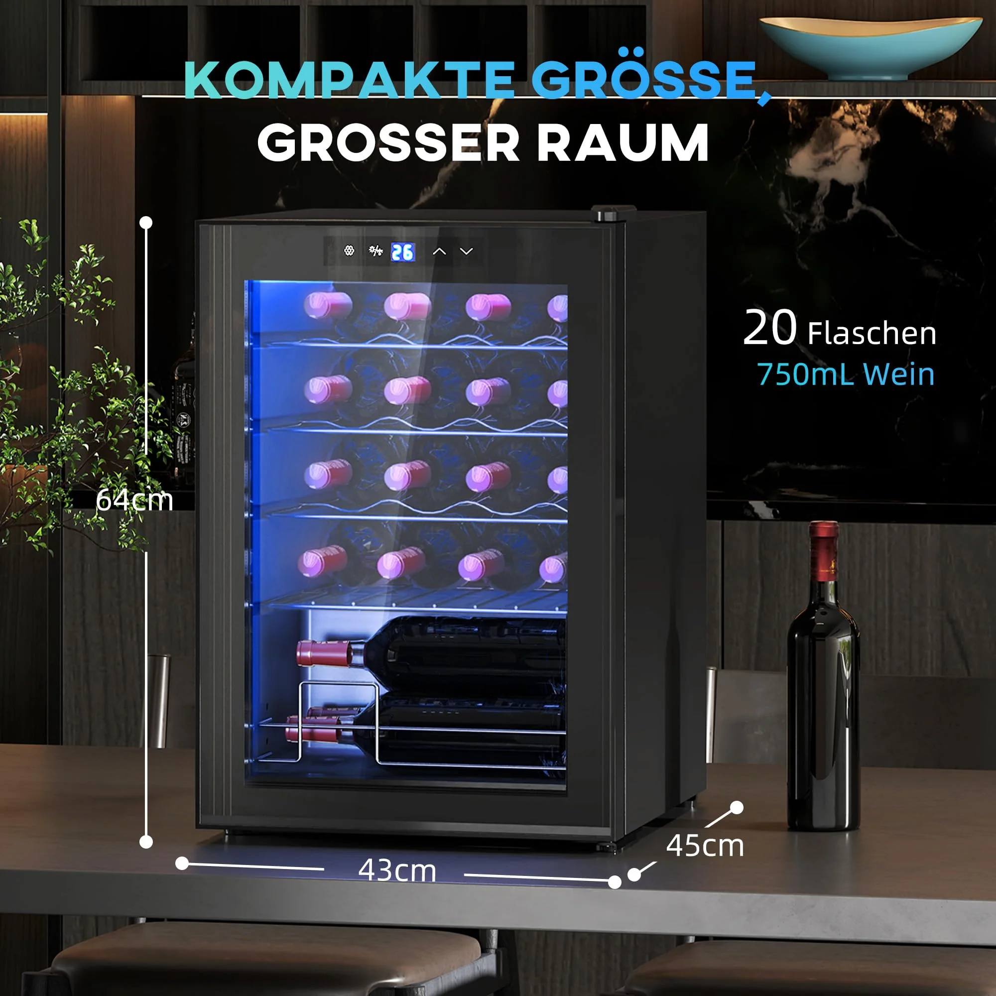 HOMCOM Weinkühlschrank 20 Flaschen 53L 5-18℃ Kompressor Getränkekühlschrank mit Anti-UV Glastür, Flaschenkühlschrank mit LED-Leuchte, Kleiner Weinschrank mit Touch-Screen Schwarz - Image 8