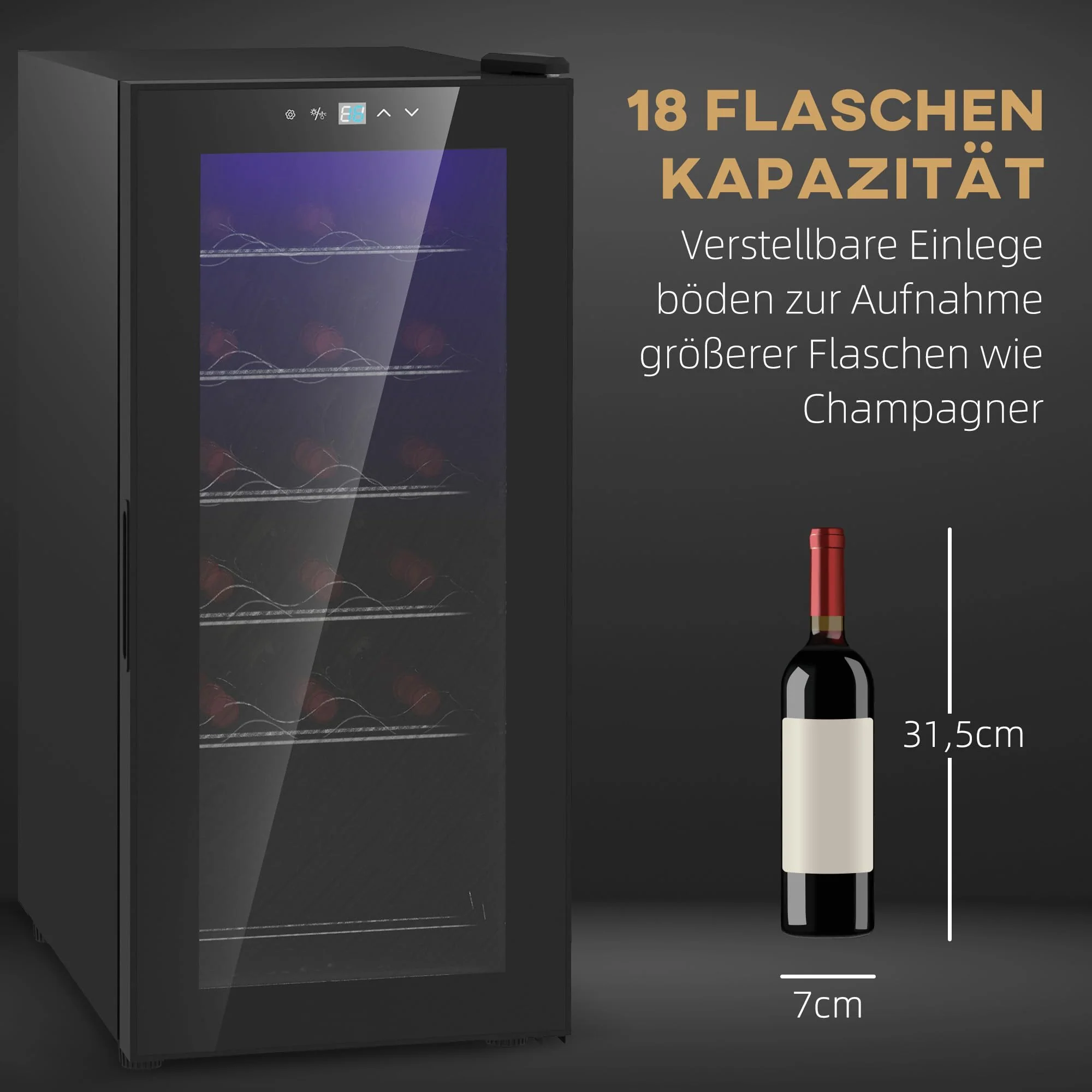 HOMCOM Weinkühlschrank Kompressor für 18 Flaschen, 50 L Getränkekühlschrank mit Glastür, 5-18°, Weinschrank mit Touchschlater, LED-Anzeige, Schwarz