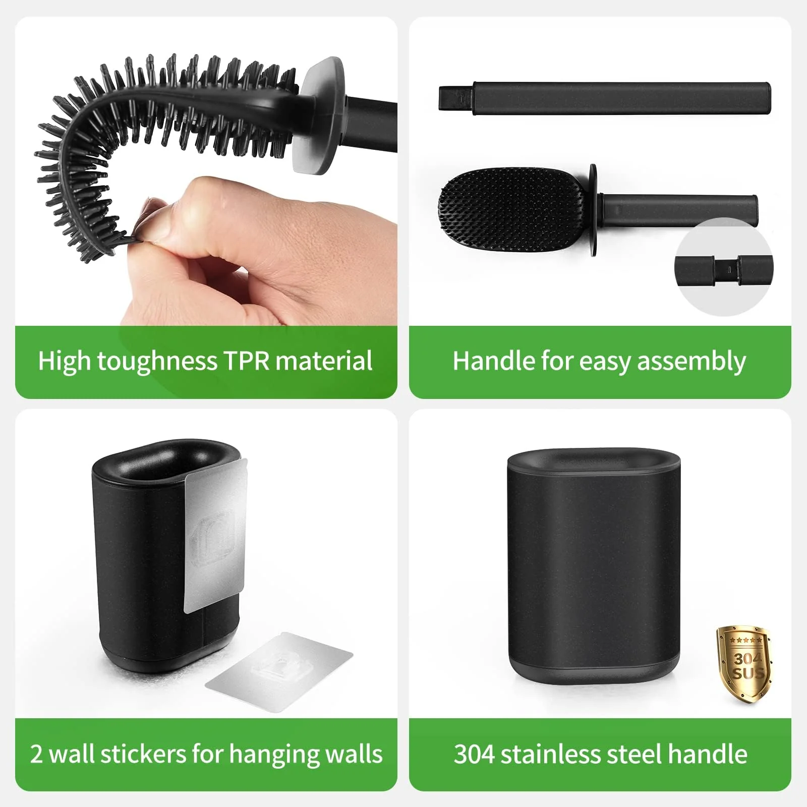 HOMEASY Klobürste Silikon Schwarz Toilettenbürste Edelstahl mit Edelstahlbehälter Flexiblen WC Bürste Silikon Set Klobürste mit Halter Wandmontage ohne Bohren & Stehen für Badezimmer - Image 4
