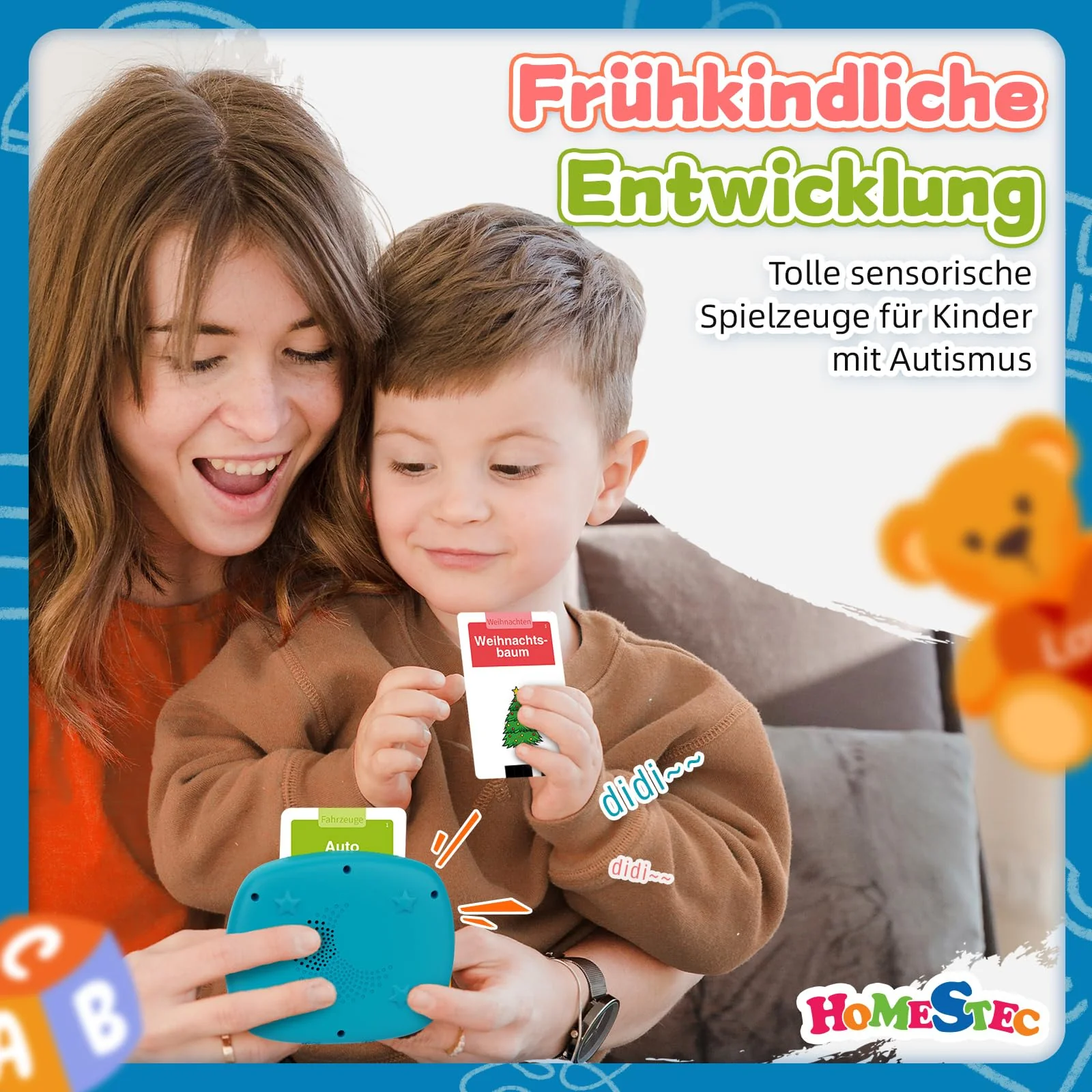 HOMESTEC Spielzeug ab 2 jahre - Deutsche Sprechende Lernkarten 144 Blätter 288 Wörter, Learnspielzeug für Kind im Vorschulalter 2 3 4 5 Jahre, Geschenke für Kinder Geburtstag, Blau - Image 2