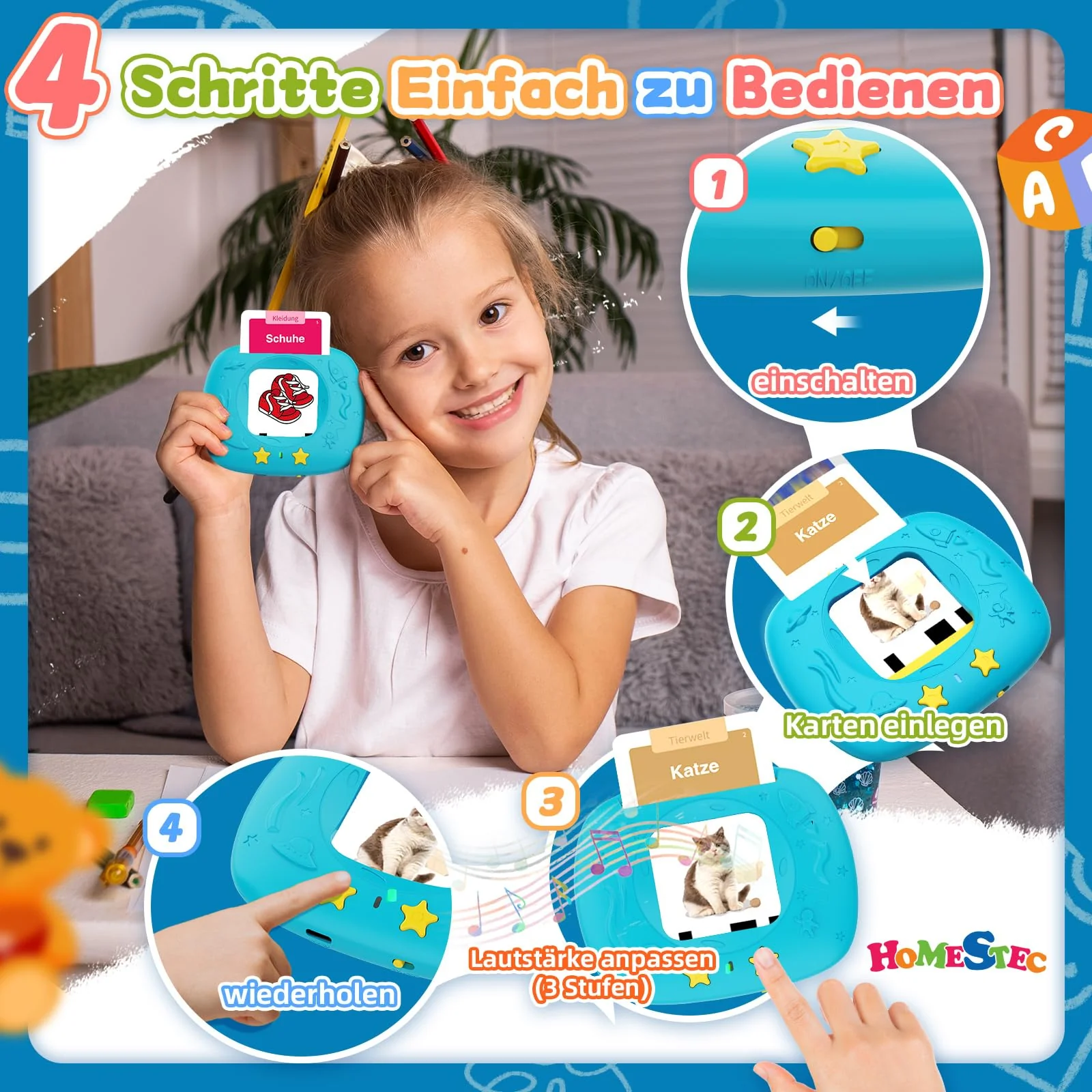 HOMESTEC Spielzeug ab 2 jahre - Deutsche Sprechende Lernkarten 144 Blätter 288 Wörter, Learnspielzeug für Kind im Vorschulalter 2 3 4 5 Jahre, Geschenke für Kinder Geburtstag, Blau - Image 3