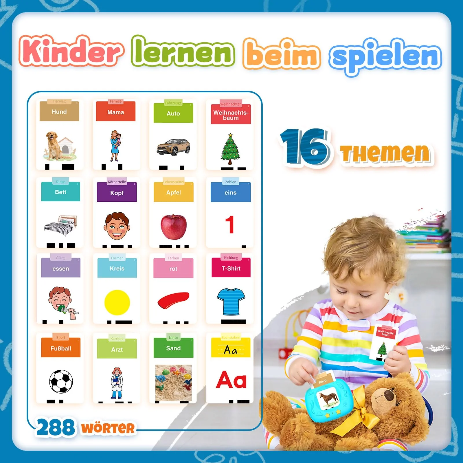HOMESTEC Spielzeug ab 2 jahre - Deutsche Sprechende Lernkarten 144 Blätter 288 Wörter, Learnspielzeug für Kind im Vorschulalter 2 3 4 5 Jahre, Geschenke für Kinder Geburtstag, Blau - Image 6