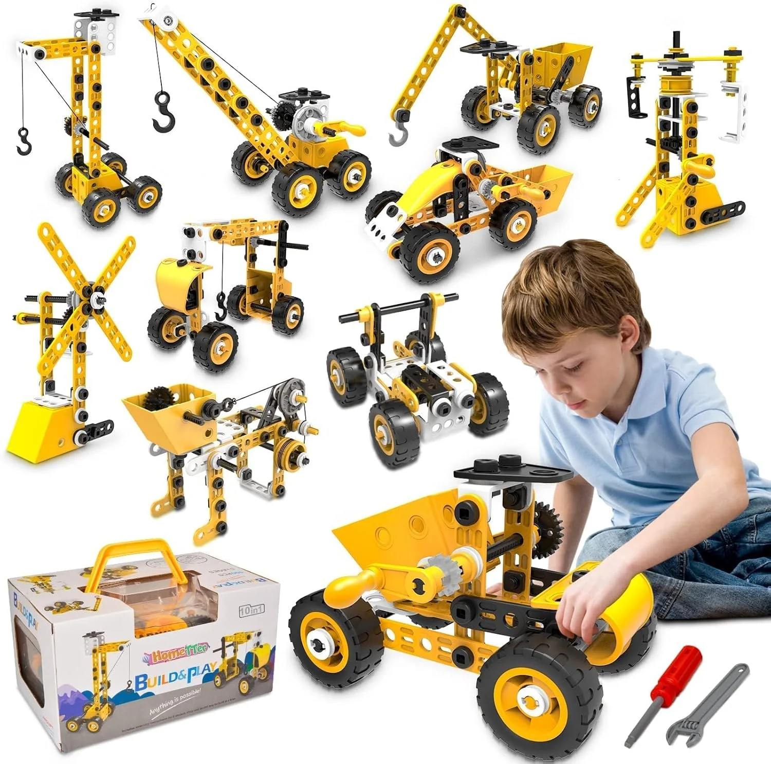 HOMETTER Mint Lernspielzeug | 10-in-1 Ingenieur-Set (108 Teile) für Kinder 3+ | Baufahrzeuge & Kran-Kreativset Jungen/Mädchen