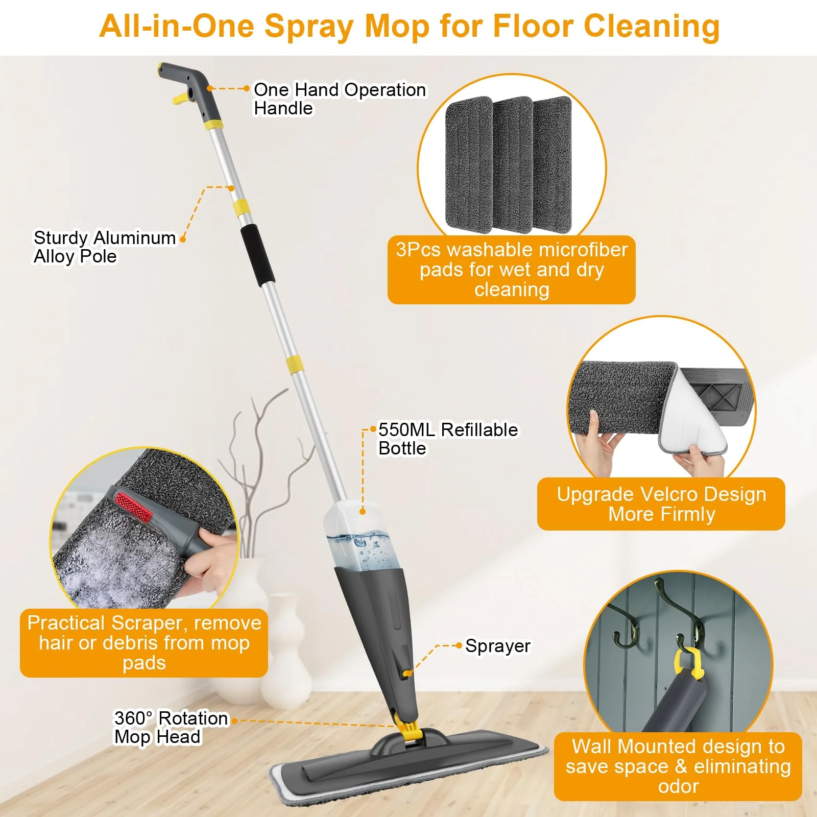 Homgif Bodenwischer mit Sprühfunktion 550ML Sprühwischer, Wischmopp mit Sprühfunktion Spray Mop, Home Küche Wischer Bodenreinigung (Grau und Gelb) - Image 3