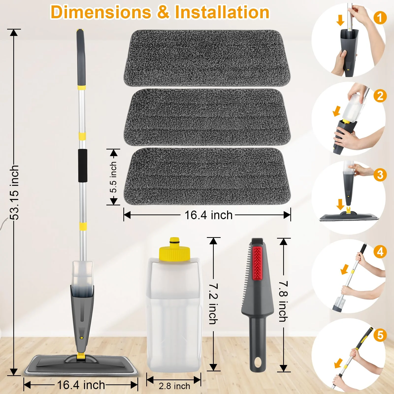 Homgif Bodenwischer mit Sprühfunktion 550ML Sprühwischer, Wischmopp mit Sprühfunktion Spray Mop, Home Küche Wischer Bodenreinigung (Grau und Gelb) - Image 7