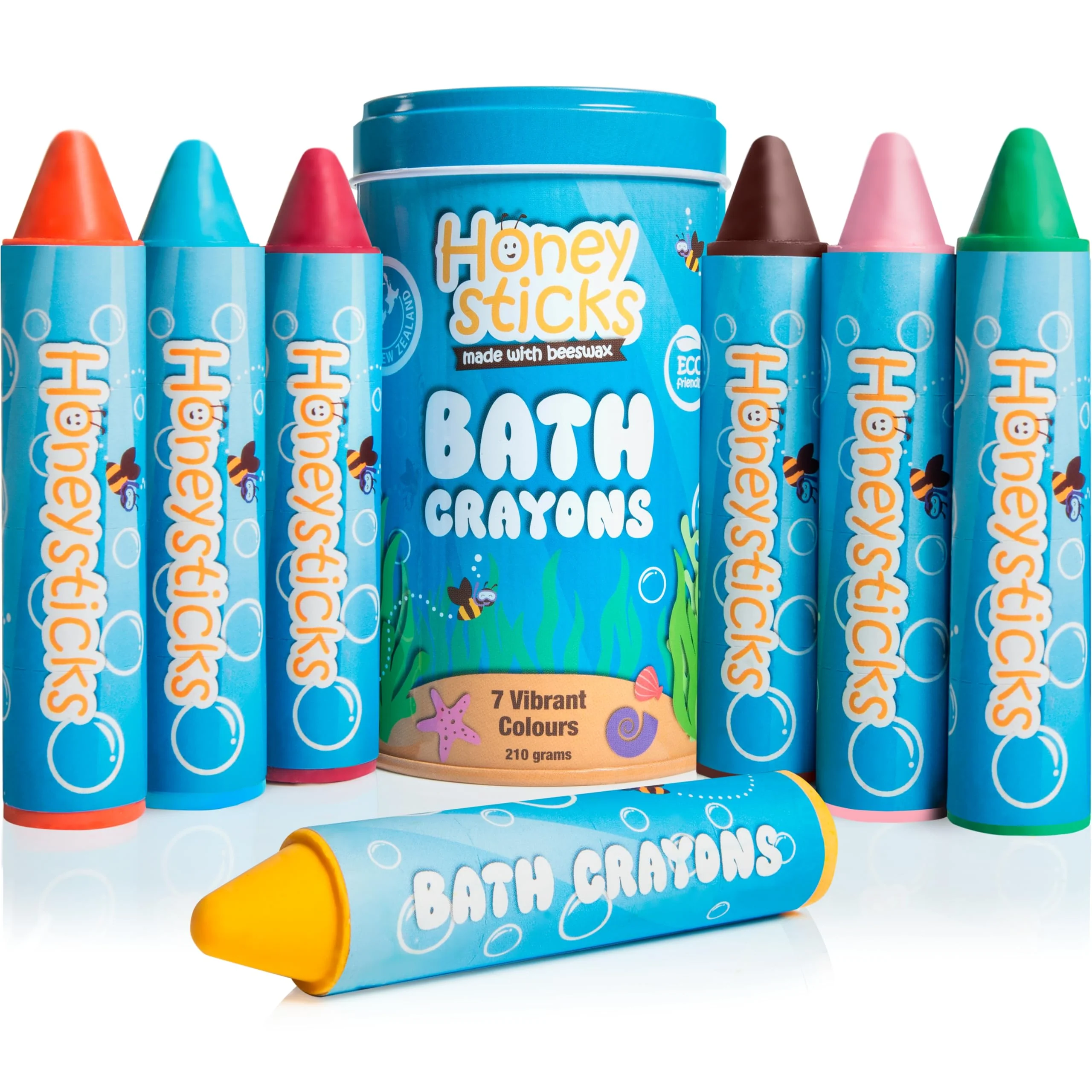 Honeysticks Badestifte für Kleinkinder & Kinder - handgefertigt aus natürlichem Bienenwachs für ungiftigen Spaß in der Badewanne - parfümfrei, Nicht reizendes Badespielzeug-leuchtende Farben-7er Pack