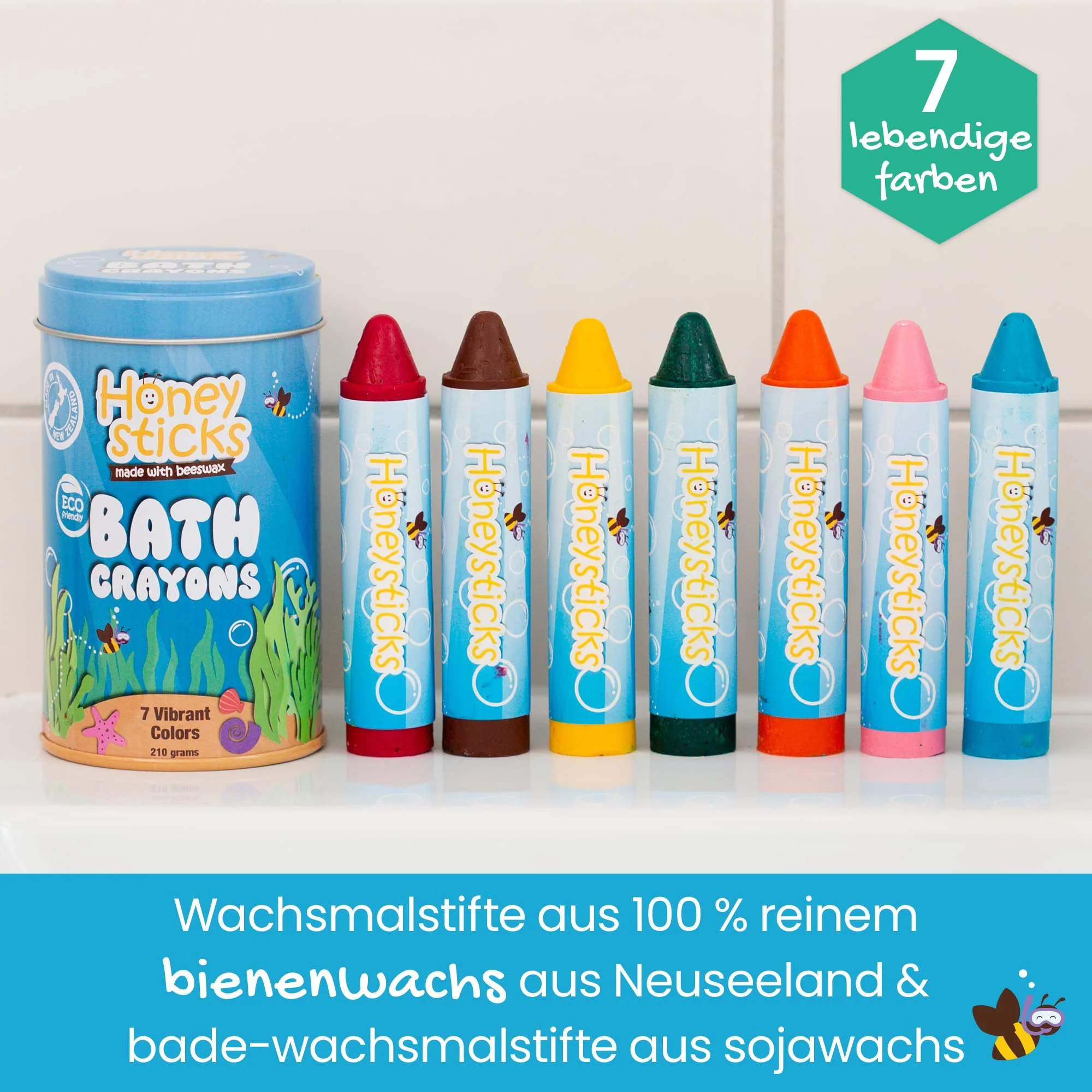 Honeysticks Badestifte für Kleinkinder & Kinder - handgefertigt aus natürlichem Bienenwachs für ungiftigen Spaß in der Badewanne - parfümfrei, Nicht reizendes Badespielzeug-leuchtende Farben-7er Pack - Image 7