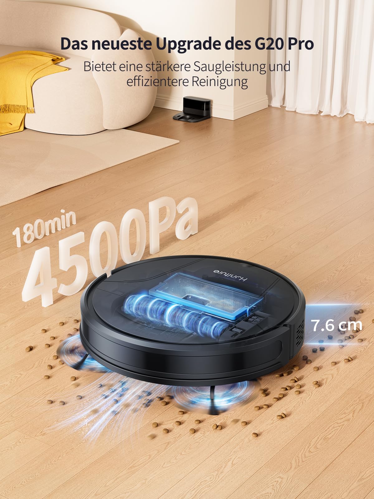 HONITURE Saugroboter mit Wischfunktion,G20 Pro Staubsauger Roboter mit 4500Pa Starke Saugkraft,7,6 cm Roboterstaubsauger mit APP Steuerung 180 Min Laufzeit,Ideal für Tierhaare,Teppiche und Hartböden - Image 8