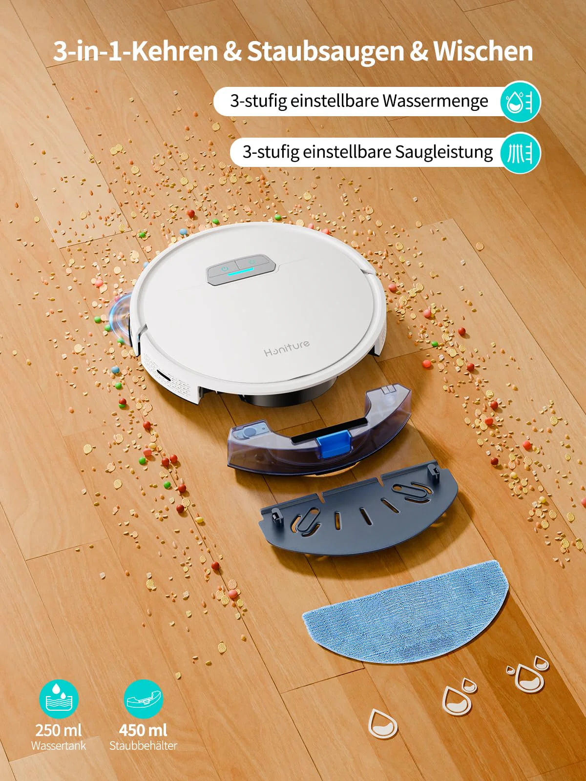HONITURE Saugroboter mit Wischfunktion, G20 Staubsauger Roboter mit 4000Pa Starke Saugkraft, Kehren Saugen Wischen 3 in 1 Roboterstaubsauger, für Tierhaare, Teppiche, Hartböden, Sprach, Fernbedienung - Image 6