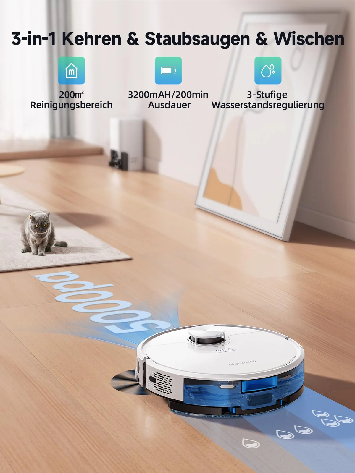 HONITURE Saugroboter mit Wischfunktion, Staubsauger Roboter mit Absaugstation, 5000Pa Saugkraft Saug und Wischroboter mit LiDAR Navigation, Mapping, APP, Alexa für Tierhaare Teppiche, 200 Min, Q6 SE - Image 4