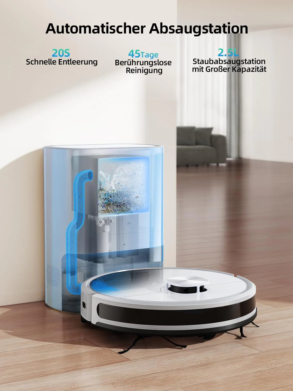 HONITURE Saugroboter mit Wischfunktion, Staubsauger Roboter mit Absaugstation, 5000Pa Saugkraft Saug und Wischroboter mit LiDAR Navigation, Mapping, APP, Alexa für Tierhaare Teppiche, 200 Min, Q6 SE - Image 7
