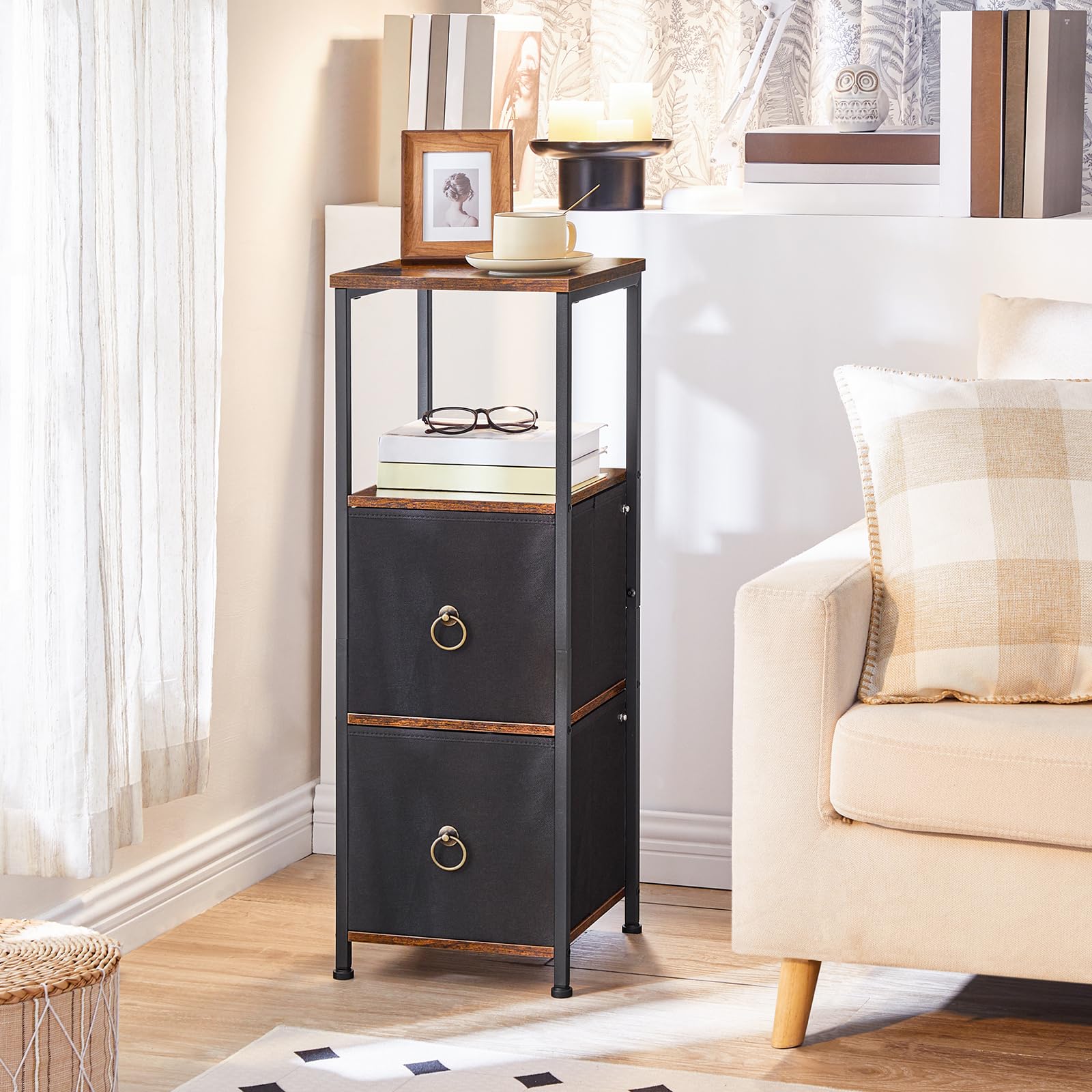 HOOBRO Badezimmerschrank, freistehendes Aufbewahrungsregal für Badezimmer, schmaler Aufbewahrungsschrank, multifunktionaler Hochschrank, 2 Stoffschubladen, Vintagebraun und Schwarz EBF87CW01 - Image 3