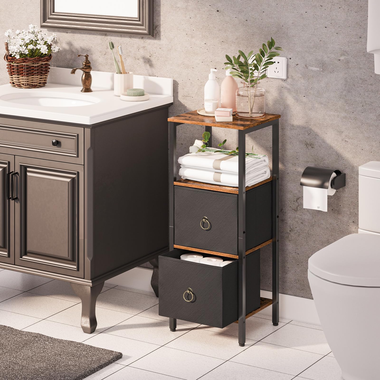HOOBRO Badezimmerschrank, freistehendes Aufbewahrungsregal für Badezimmer, schmaler Aufbewahrungsschrank, multifunktionaler Hochschrank, 2 Stoffschubladen, Vintagebraun und Schwarz EBF87CW01 - Image 4