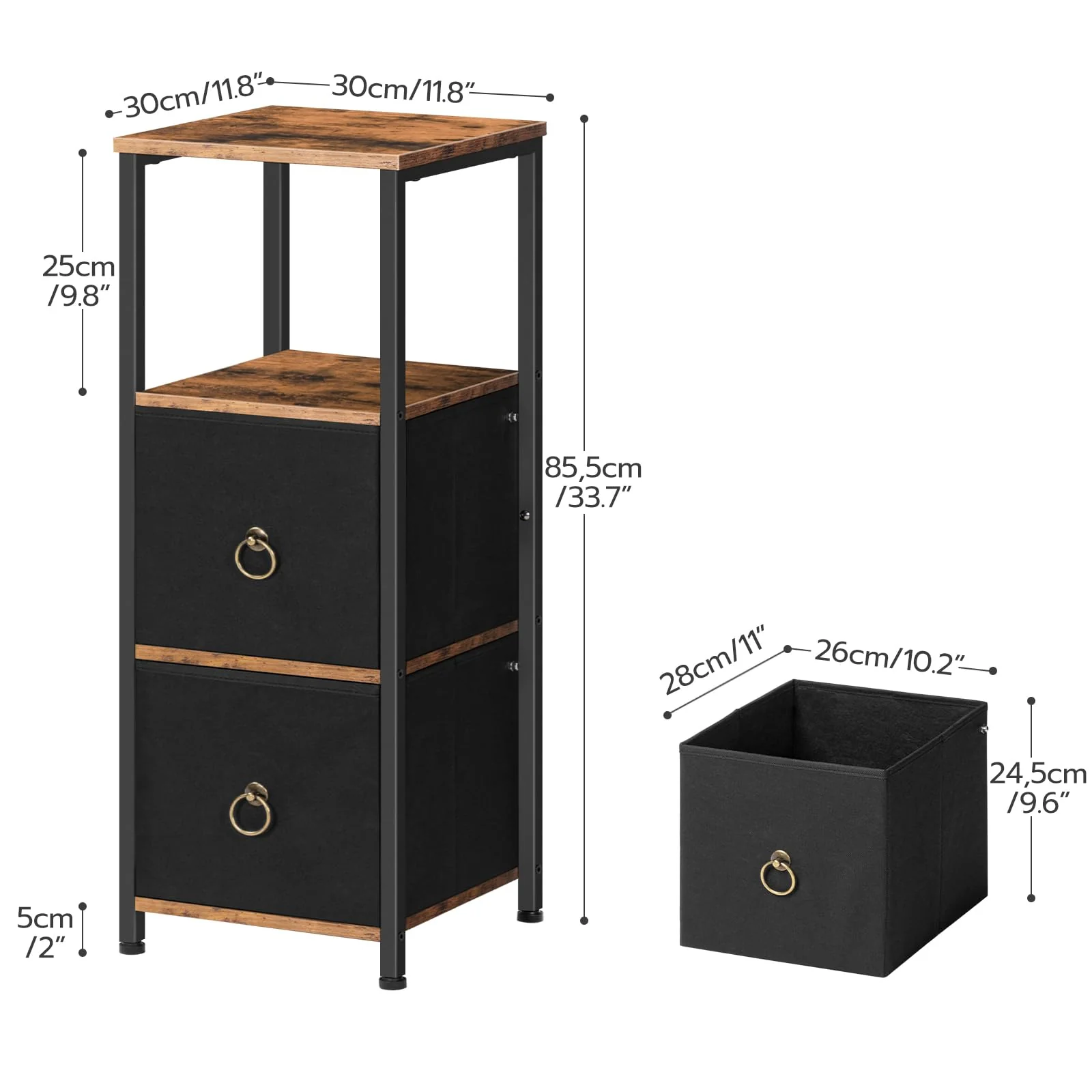 HOOBRO Badezimmerschrank, freistehendes Aufbewahrungsregal für Badezimmer, schmaler Aufbewahrungsschrank, multifunktionaler Hochschrank, 2 Stoffschubladen, Vintagebraun und Schwarz EBF87CW01 - Image 7