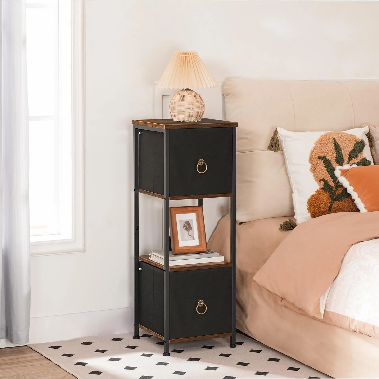 HOOBRO Badezimmerschrank, freistehendes Aufbewahrungsregal für Badezimmer, schmaler Aufbewahrungsschrank, multifunktionaler Hochschrank, 2 Stoffschubladen, Vintagebraun und Schwarz EBF87CW01 - Image 9