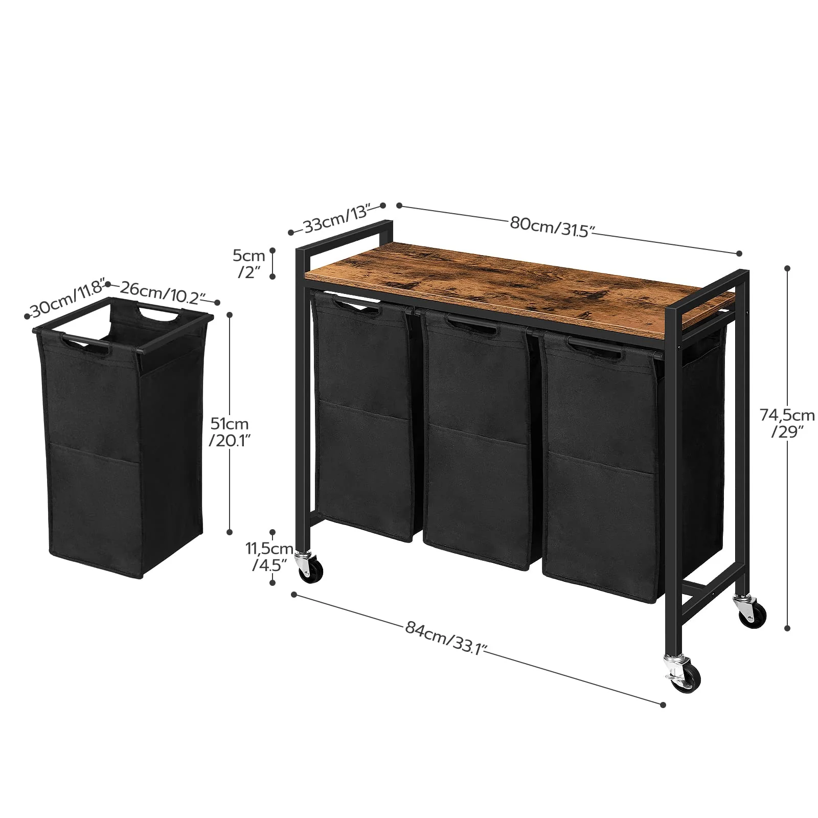 HOOBRO Wäschekorb 3 Fächer, Wäschesammler mit Ablage, Wäschebox, Wäschewagen, 3 x 39,8 L, Wäschesack aus Oxford-Gewebe, 84 x 33 x 74,5 cm, Vintagebraun-Schwarz EBF38XY01G1 - Image 3